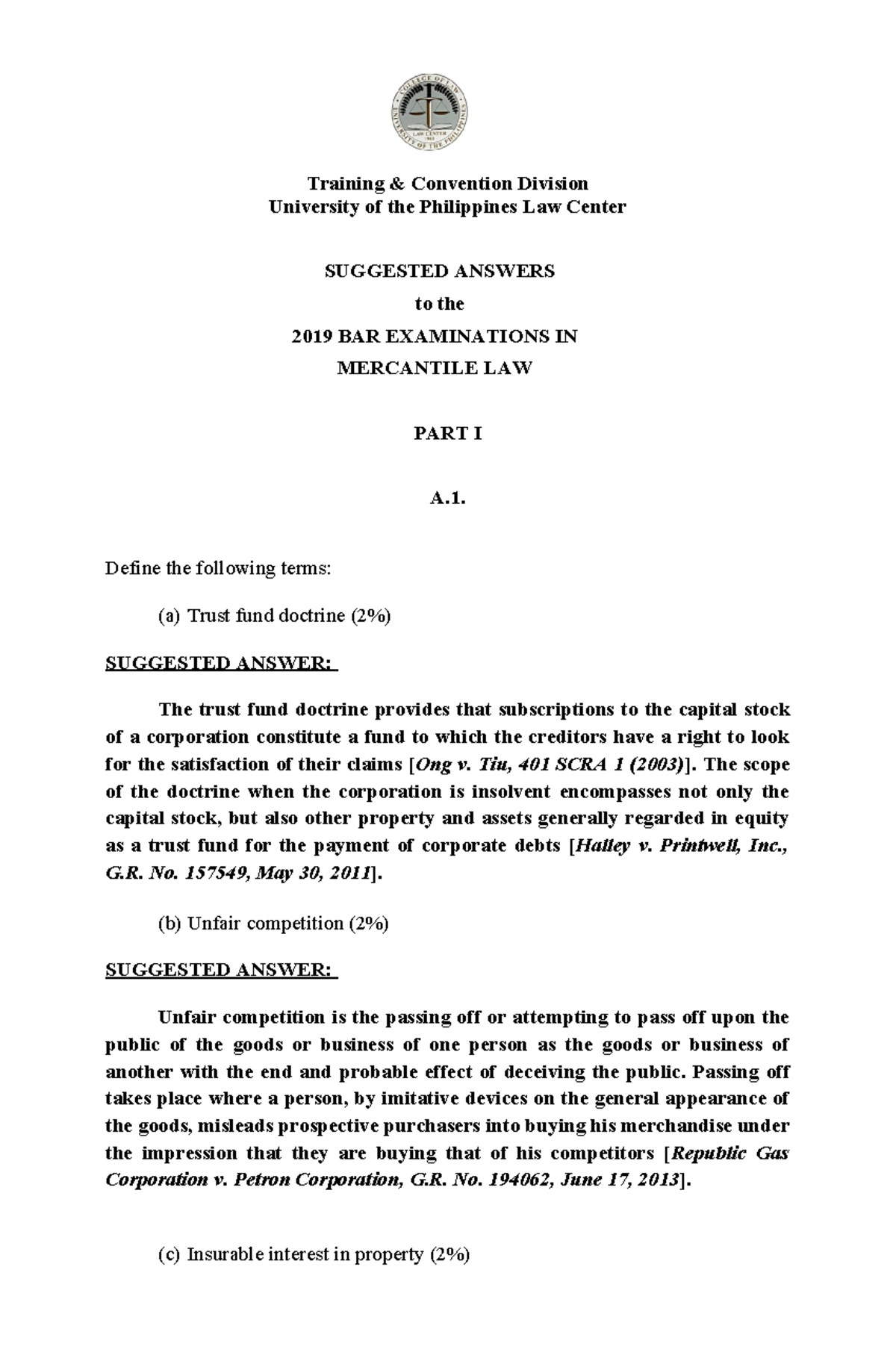 Suggested Answers to 2019 BAR Exam in Mercantile Law: M Law - Studocu