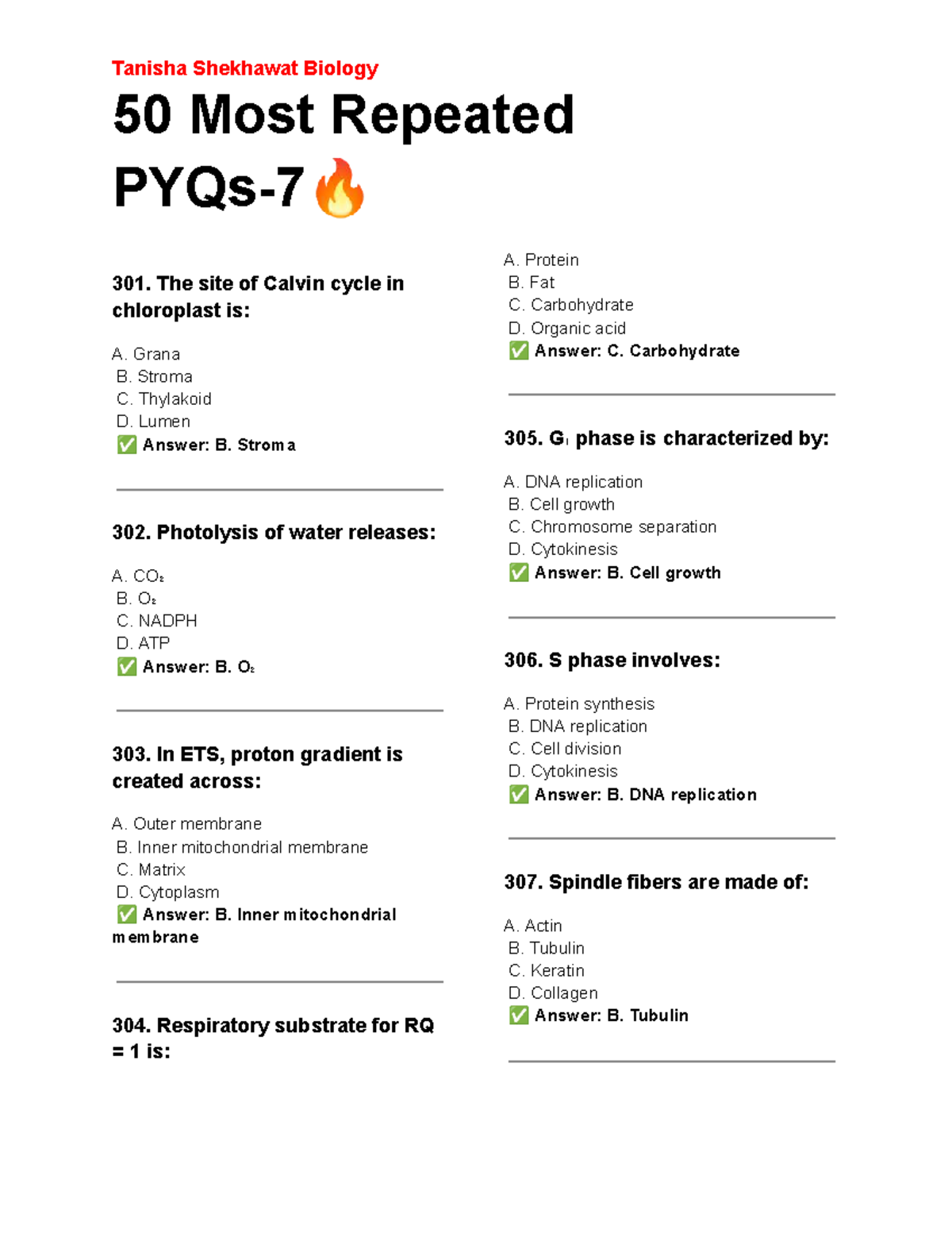 Biology 50 Most Repeated Questions for NEET - PYQ-7 - Studocu