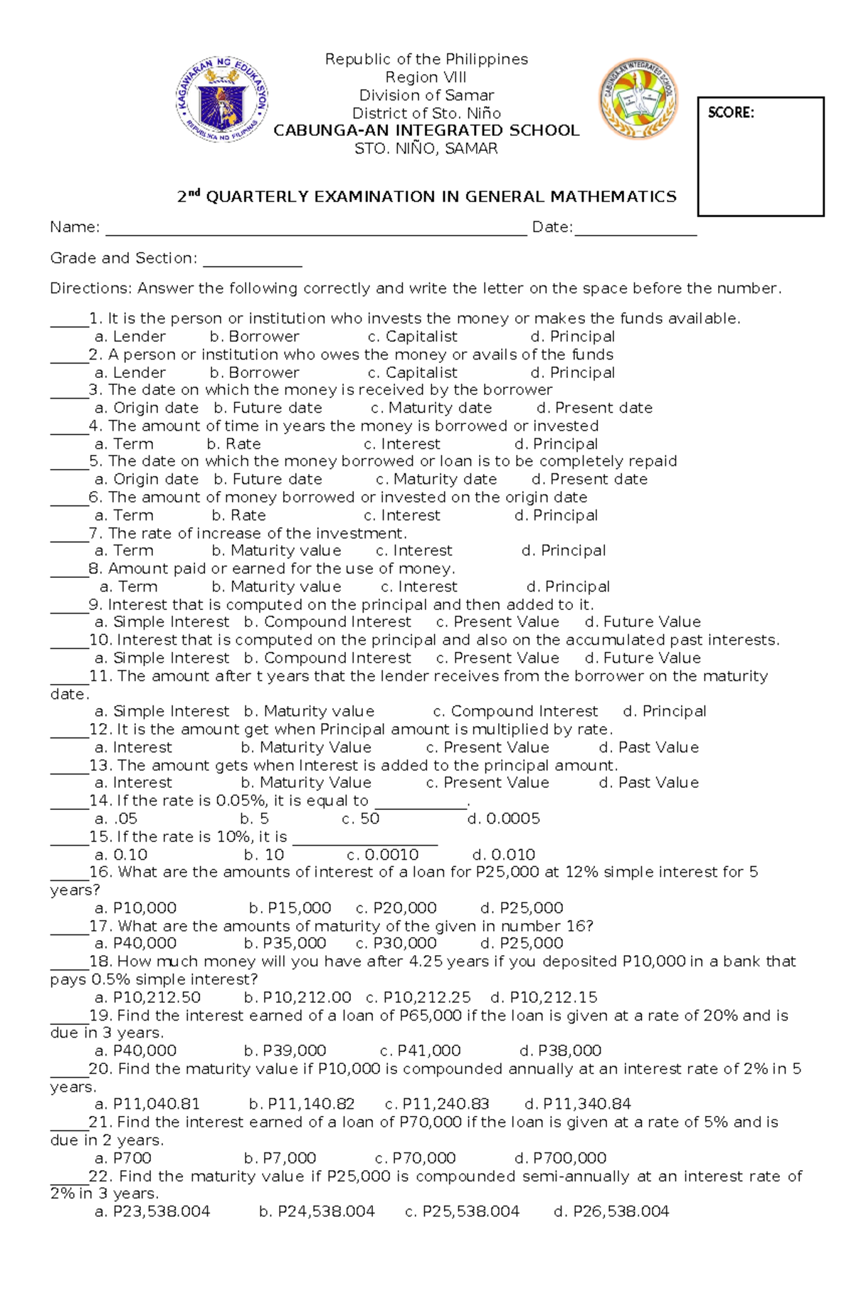 GEN MATH Finals - Gen Math Final Exam - Republic of the Philippines ...