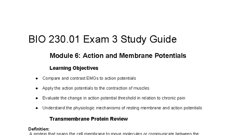BIO 230.01 Exam 3 Study Guide: Action & Membrane Potentials - Studocu