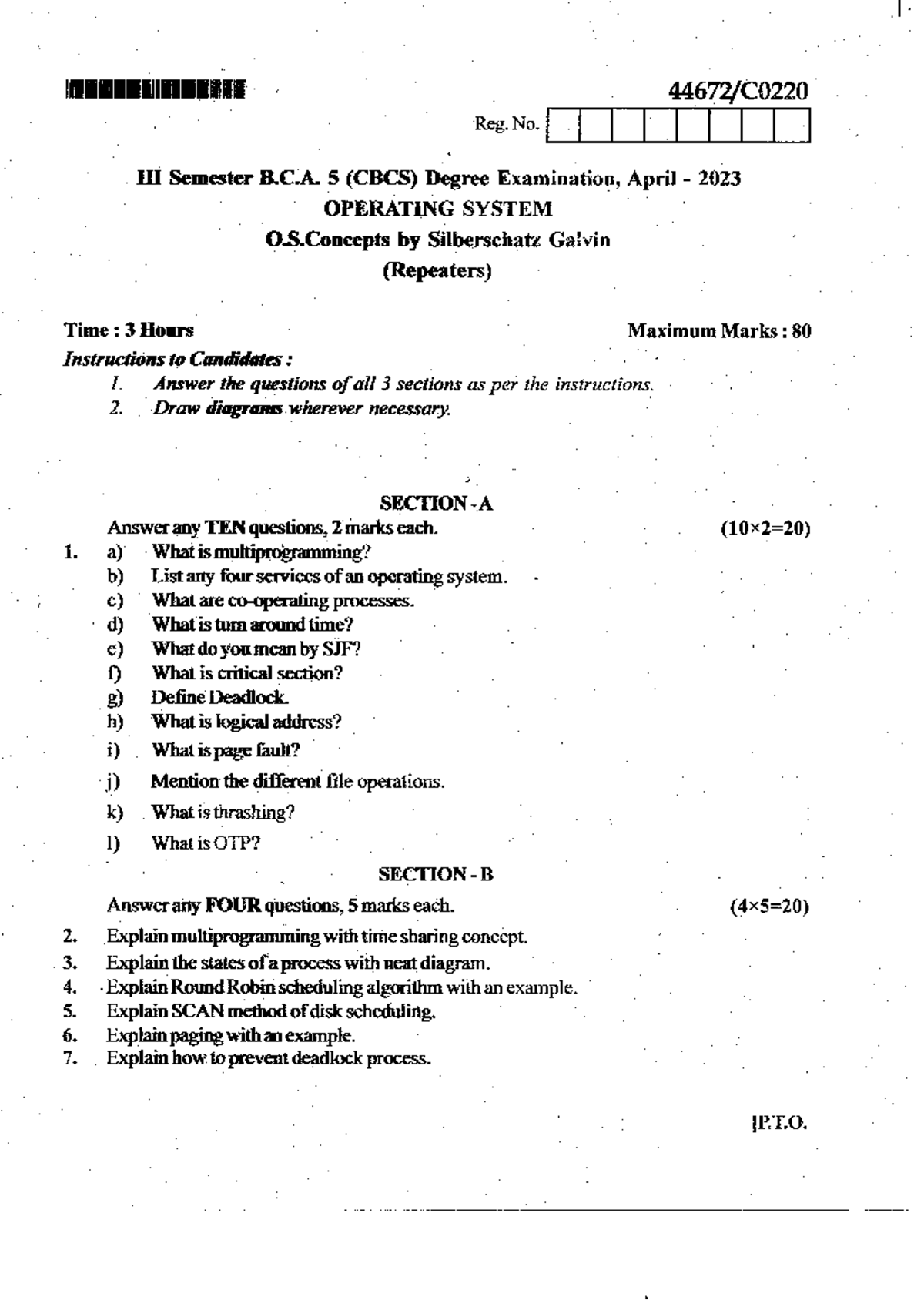 BCA 5 Operating System Exam QP April 2023 - Silberschatz Galvin - Studocu