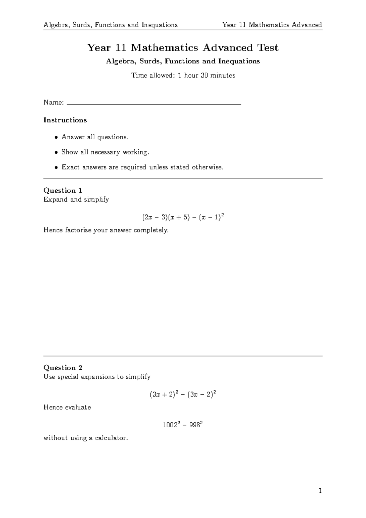 Year 11 Mathematics Advanced Test: Algebra, Surds, Functions ...