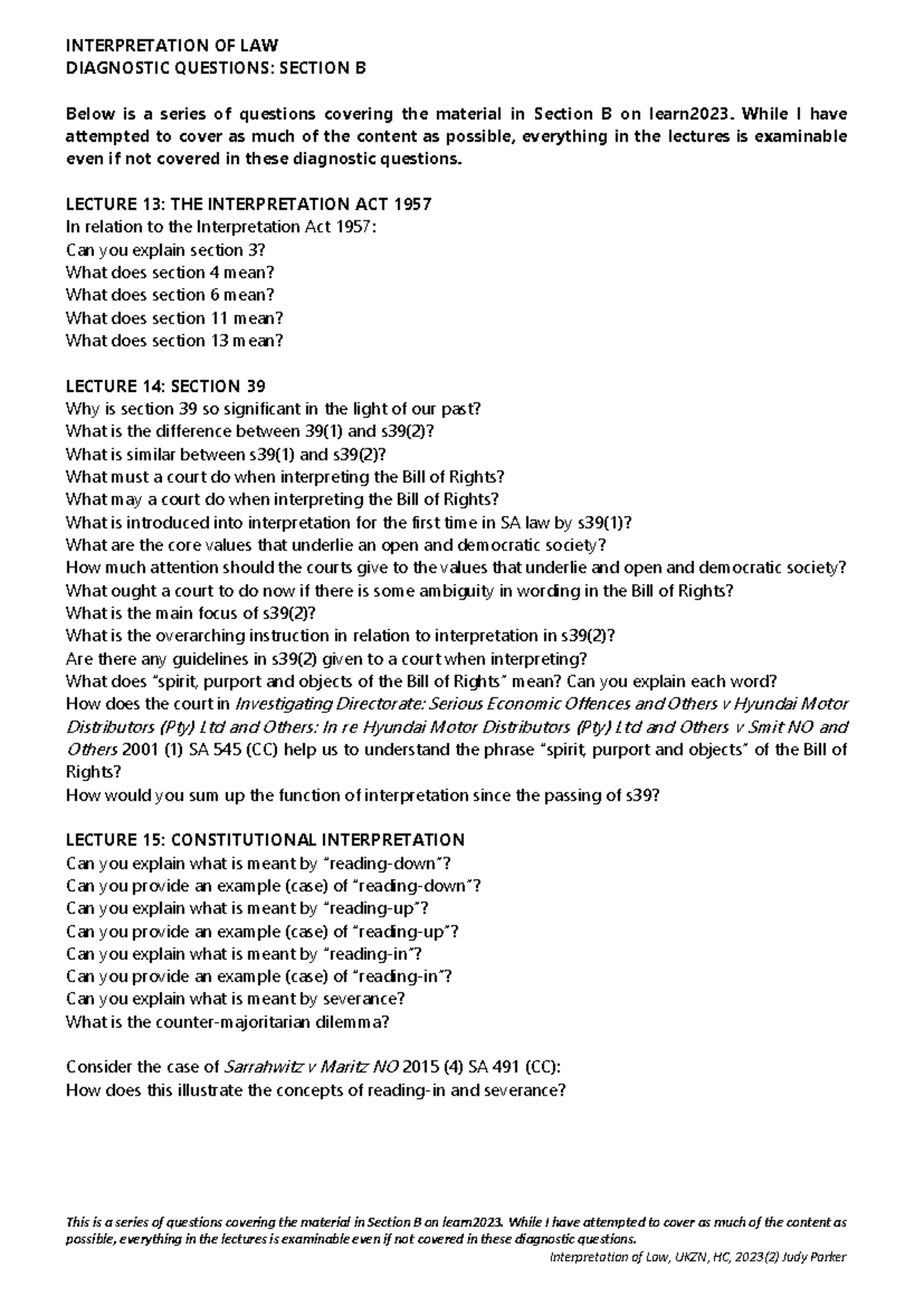 Diagnostic Questions for Interpretation of Law - Section B (Learn202 3 ...