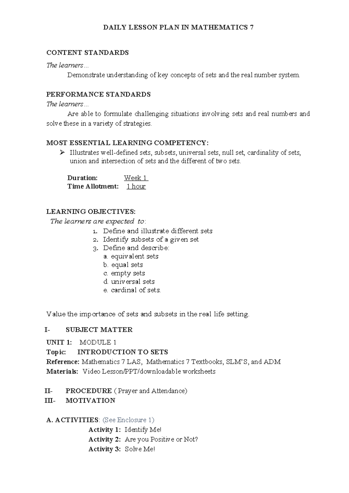 Daily Lesson PLAN IN Mathematics 7 Edited - DAILY LESSON PLAN IN ...