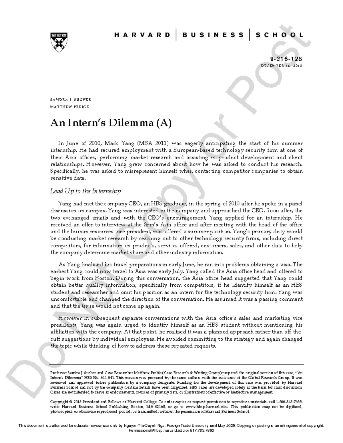 HBS Case Study: Mark Yang's Internship Dilemma (HBS No. 9316) - Studocu