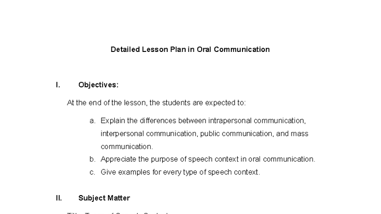 Detailed Lesson Plan: Types of Speech Context in Oral Comm I - Studocu