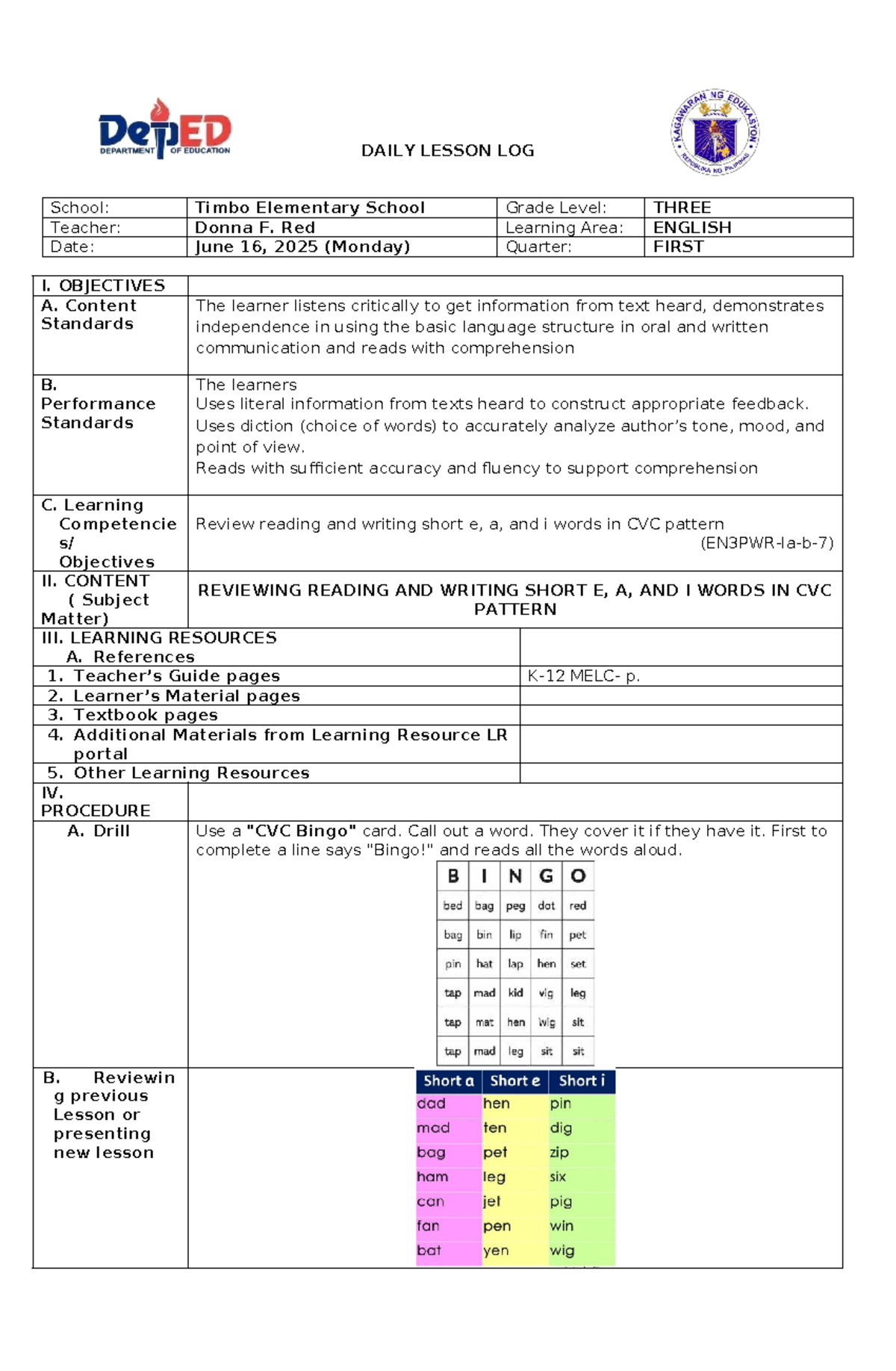 Grade 3 English - Daily Lesson Log on CVC Pattern Words - Studocu