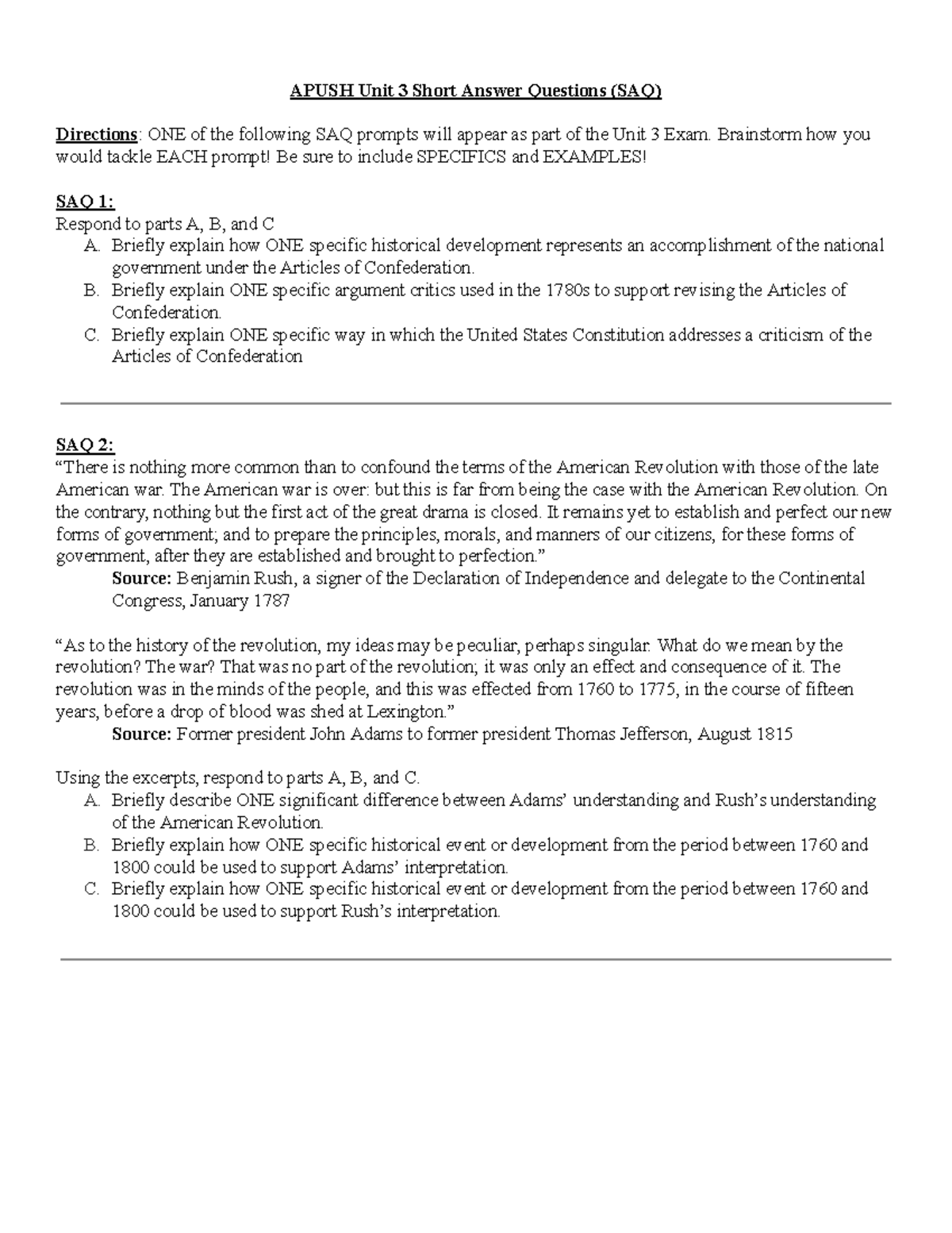 APUSH Unit 3 Exam: Short Answer Questions & Strategies - Studocu