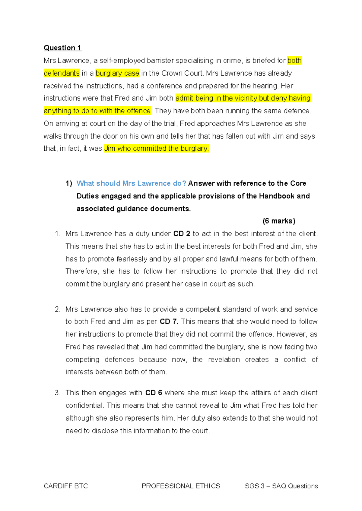 CARDIFF BTC PROFESSIONAL ETHICS SGS 3 SAQ Questions - Case Analysis and ...