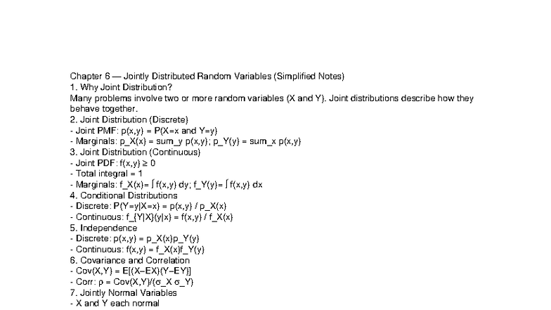 Chapter 6: Jointly Distributed Random Variables - Simplified Notes ...