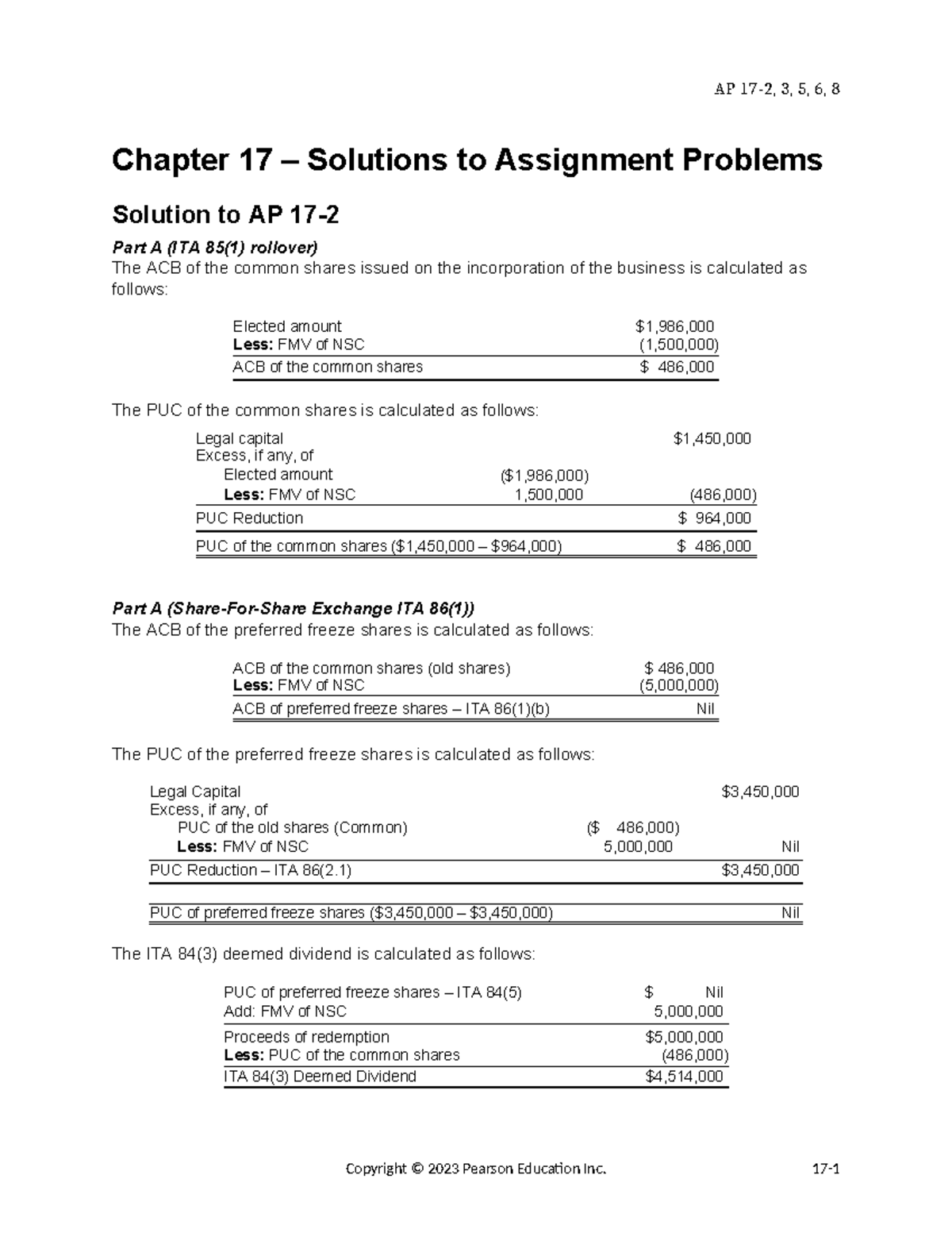 Chapter 17 Assignment Solutions - Tax Implications and Calculations ...