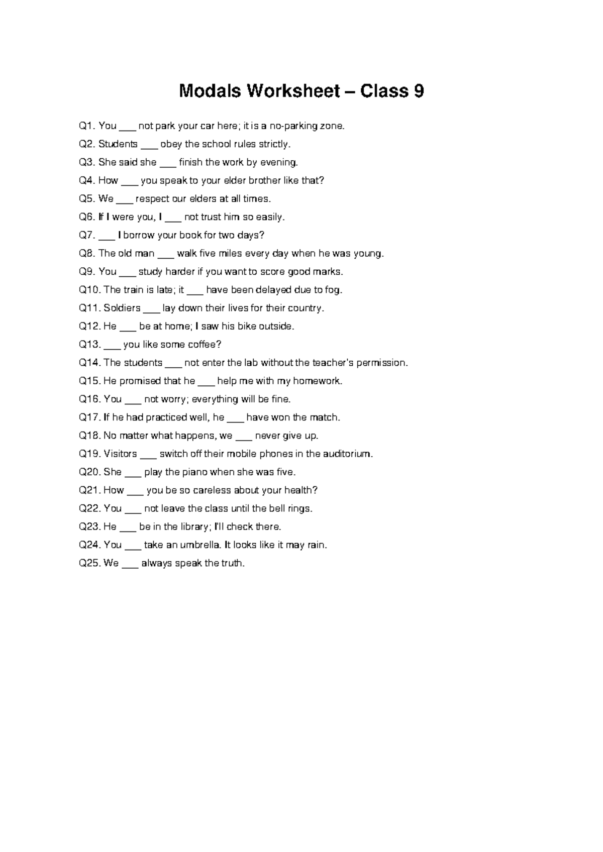 Modals Worksheet Class 9: Practice Exercises and Answers - Studocu