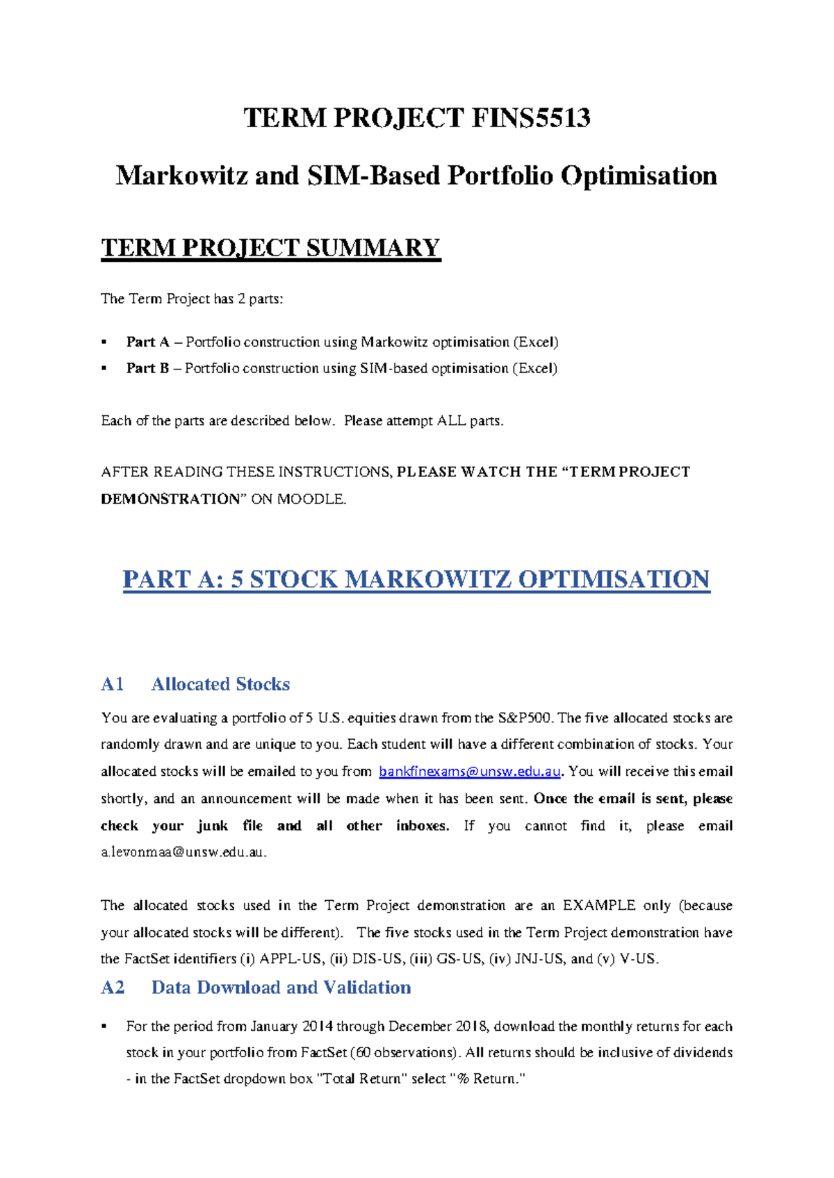 Term Project T1 25 Instructions - TERM PROJECT FINS Markowitz and SIM ...