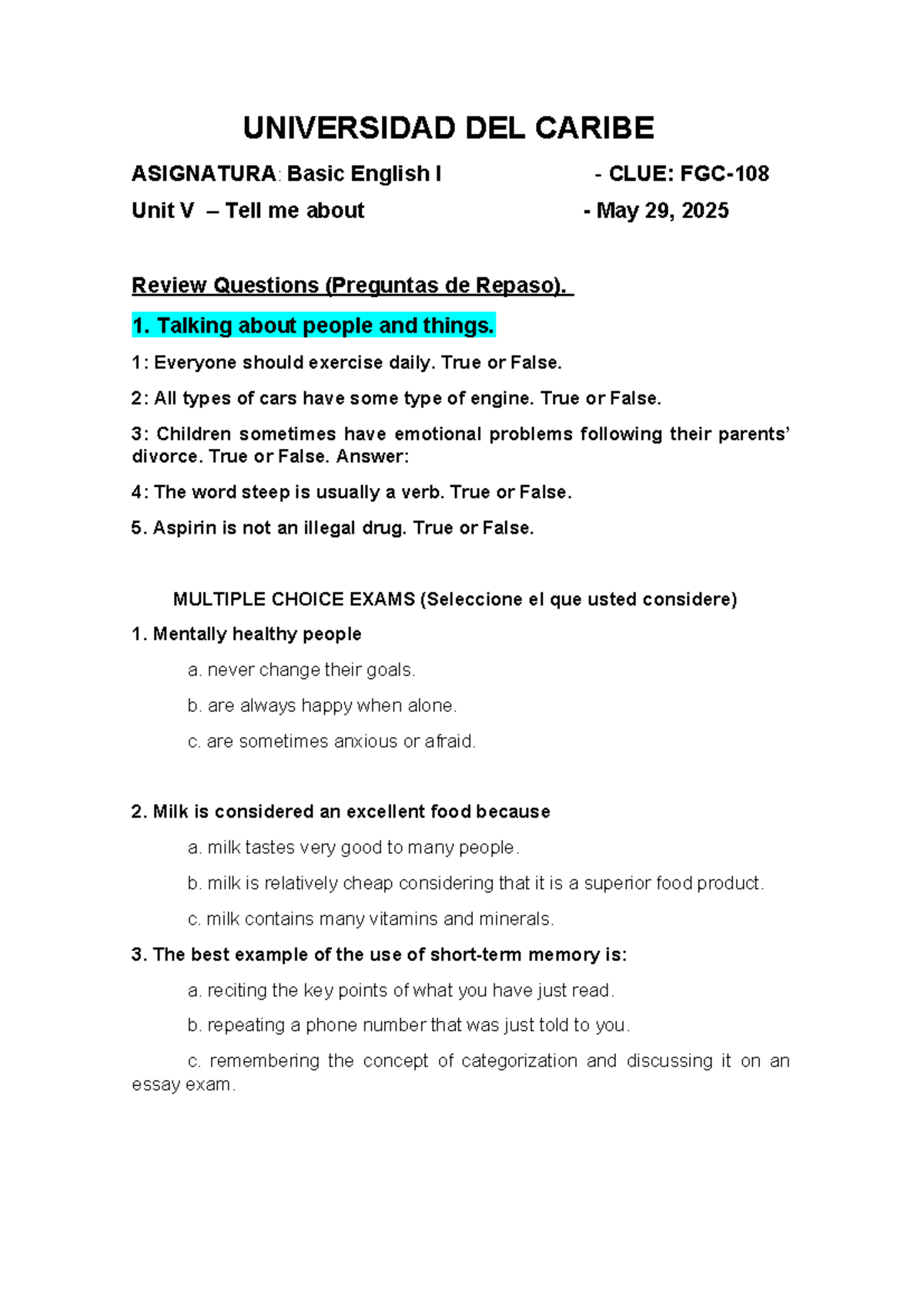 Repaso V - Basic English I - Unit V Review Questions & Exercises - Studocu