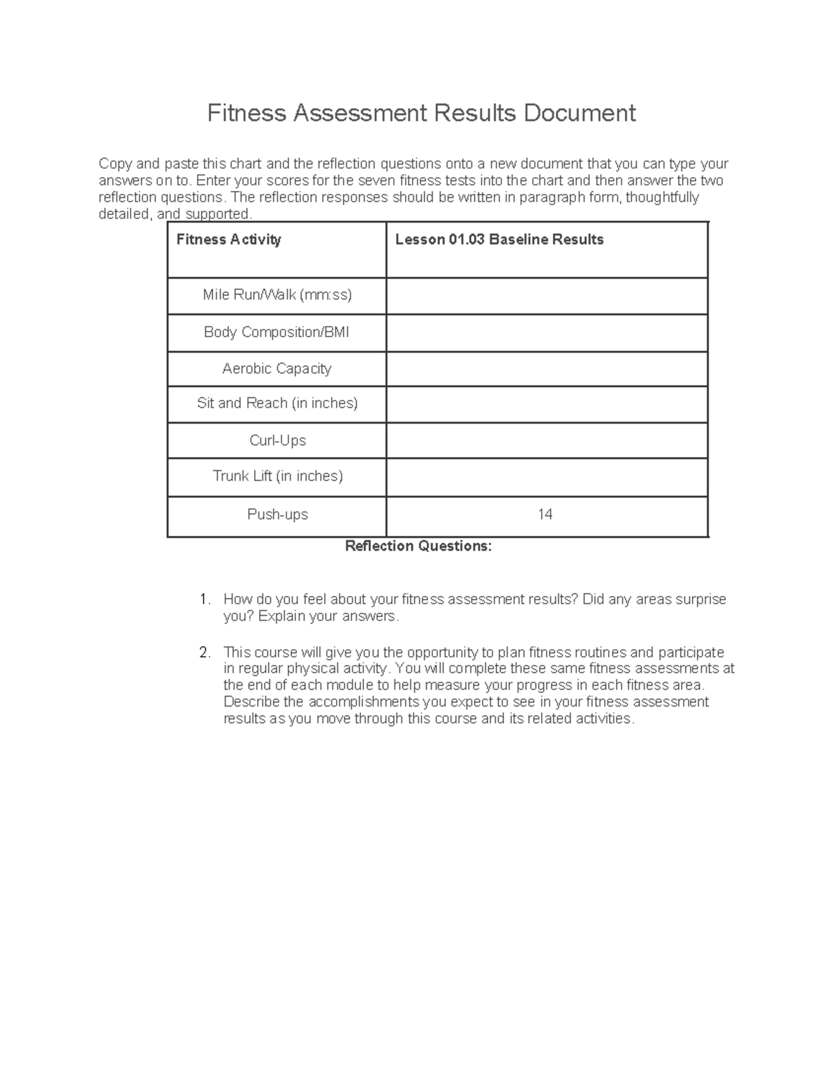 1.03 Fitness Assessment Results and Reflection Questions - Studocu