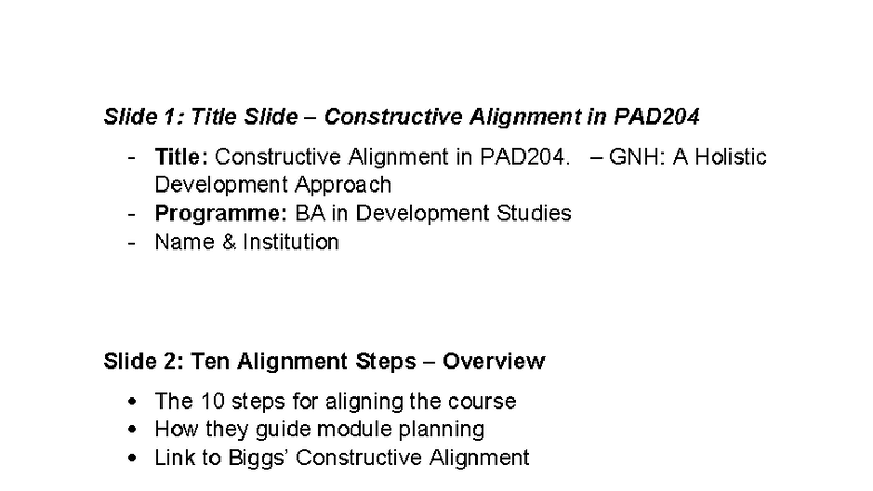 Constructive Alignment Overview in PAD204: A Holistic Approach - Studocu