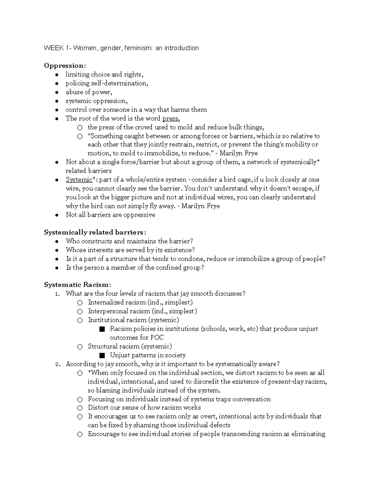 FEM1100 lectures - midterm 1 lecture notes - WEEK 1- Women, gender ...