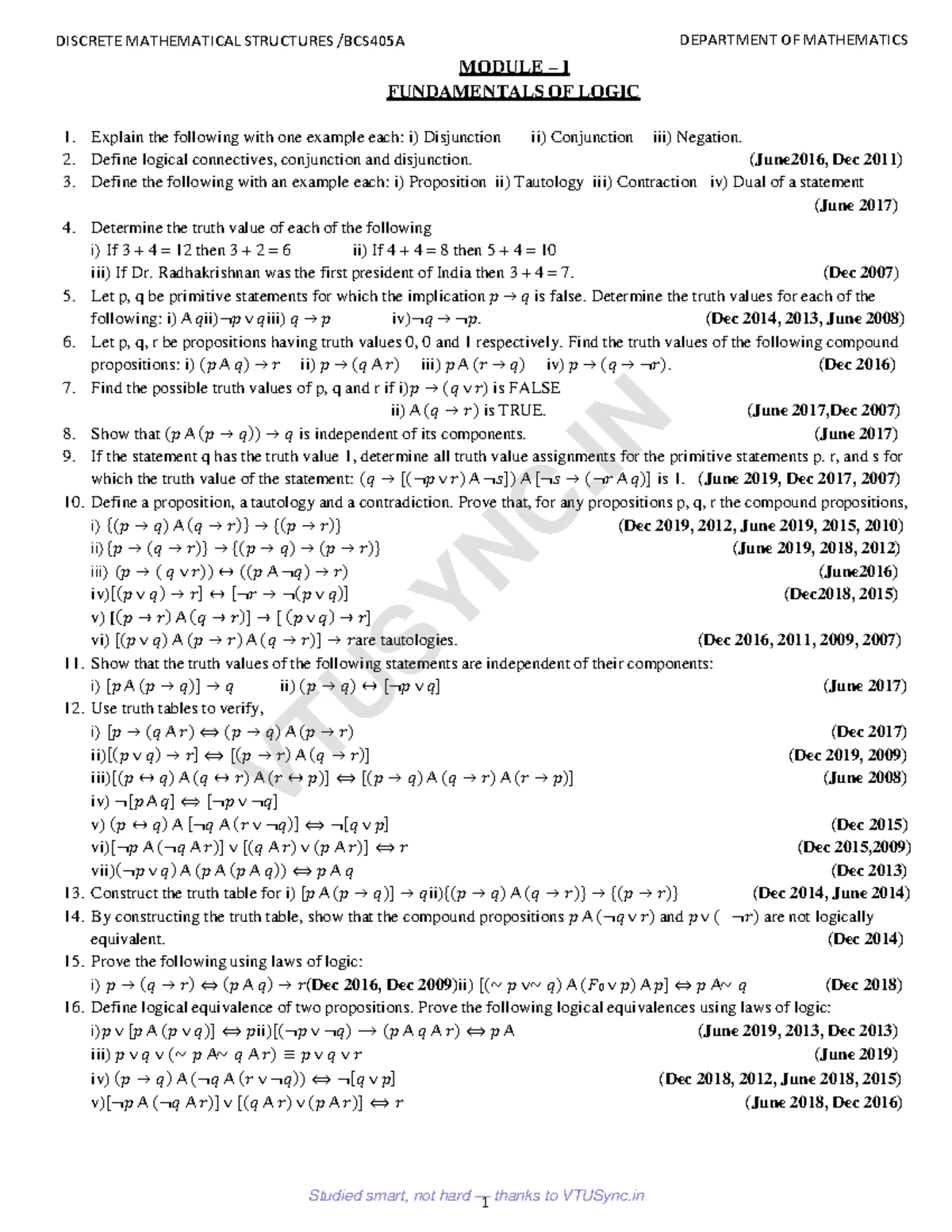 BCS405A - Discrete Mathematical Structures: Logic Fundamentals and ...