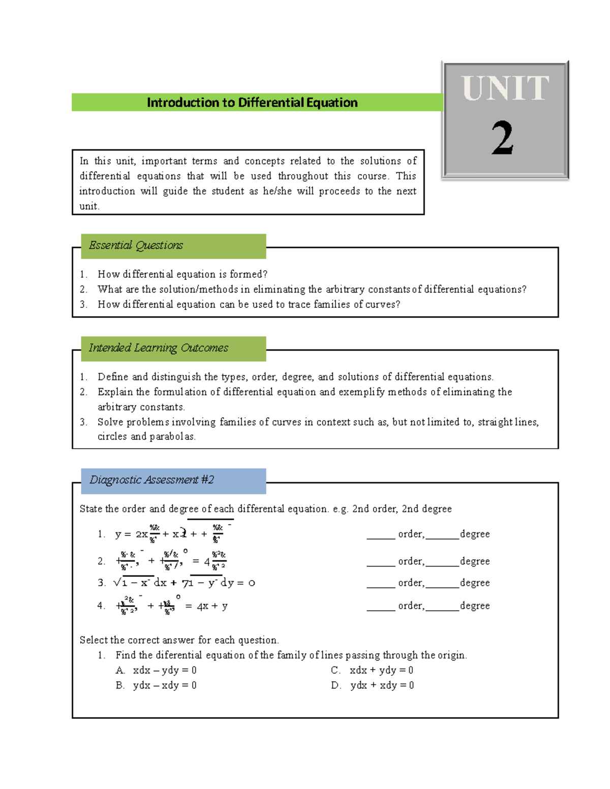 Differential Equations Essentials: Unit 2 Overview and Concepts - Studocu