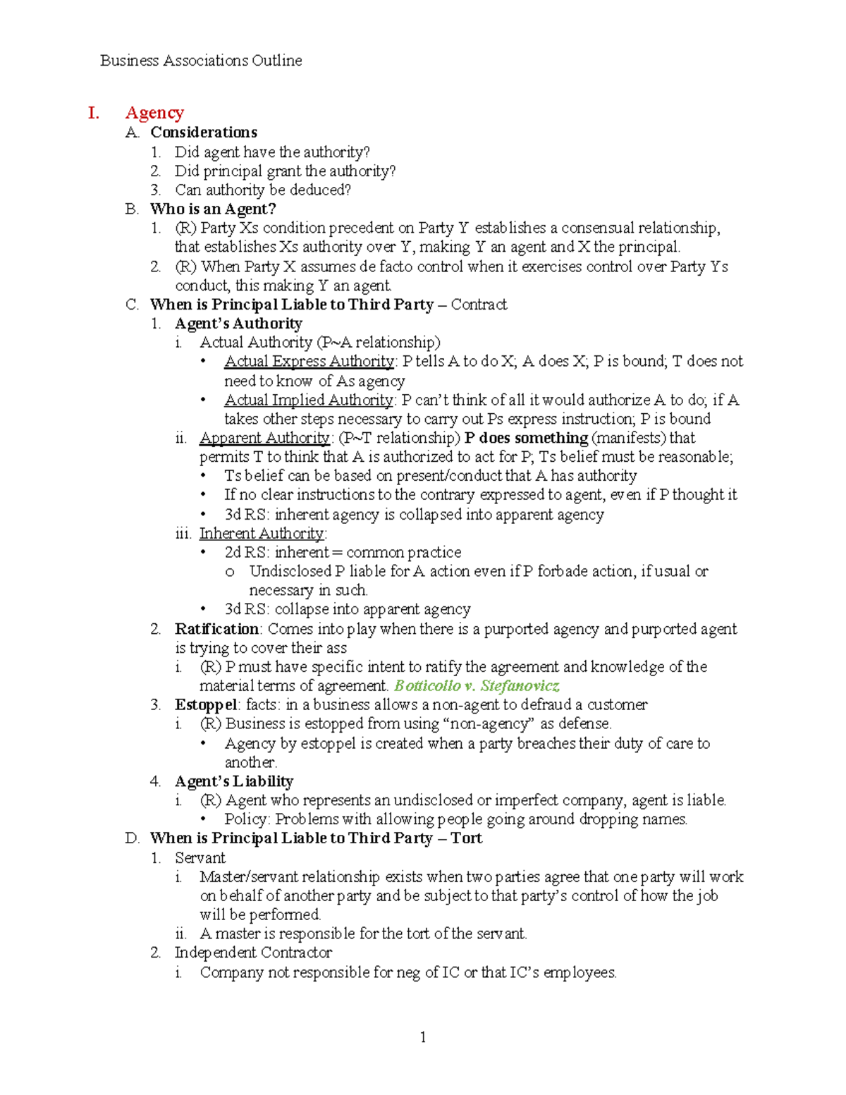 BA Outline 1 - I. Agency A. Considerations 1. Did agent have the ...