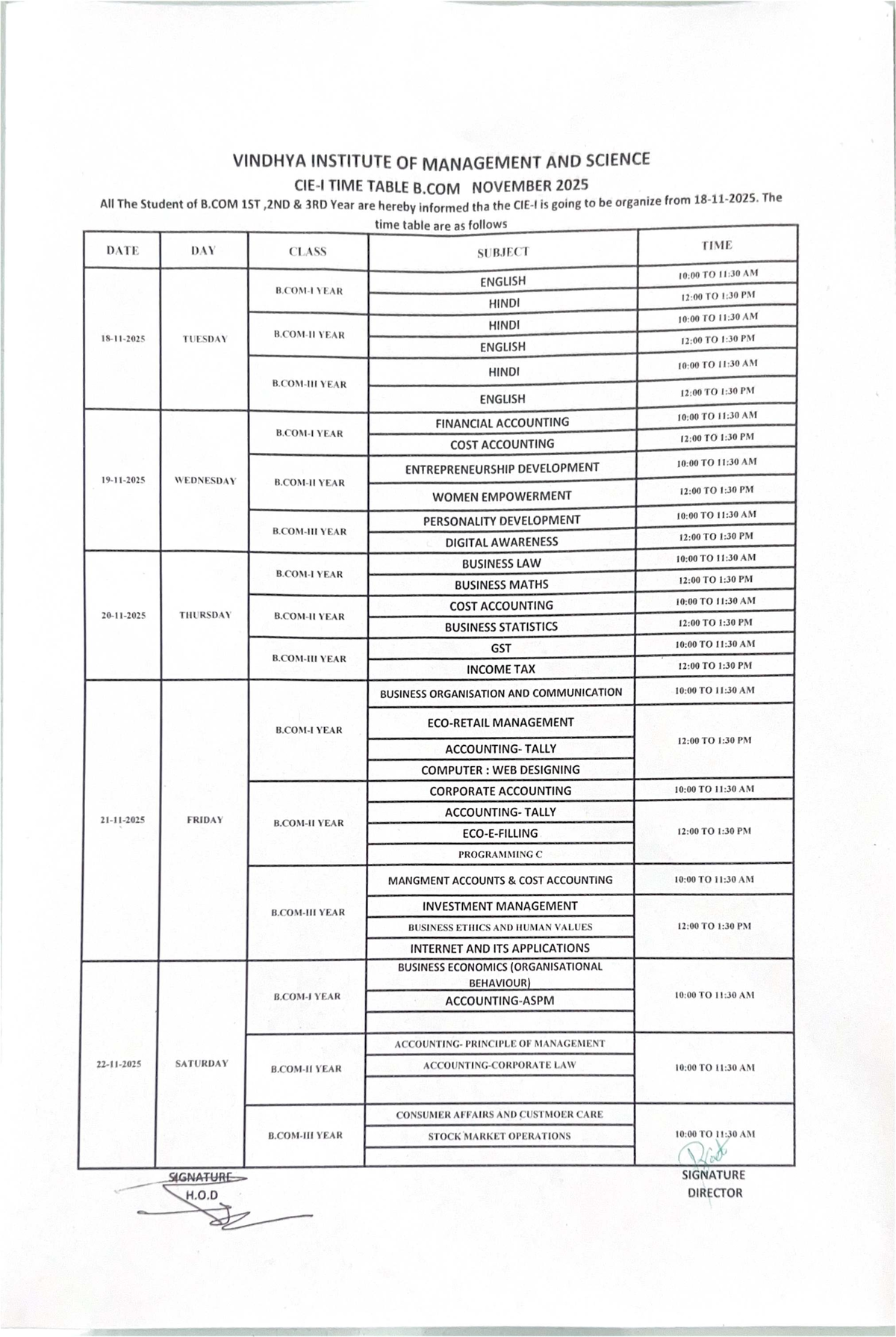 B.COM Final Mid-Sem Time Table November 2025 - Studocu