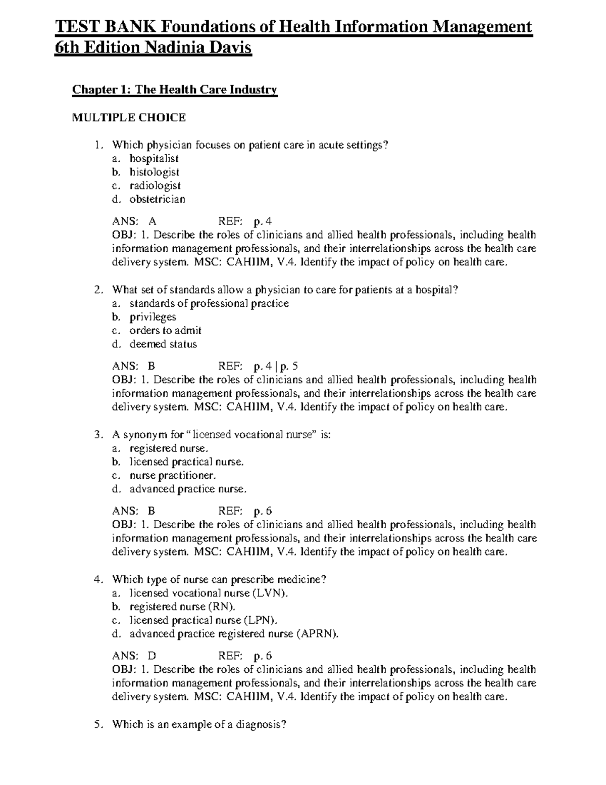 Test Bank for Foundations of Health Information Management 6th Ed ...