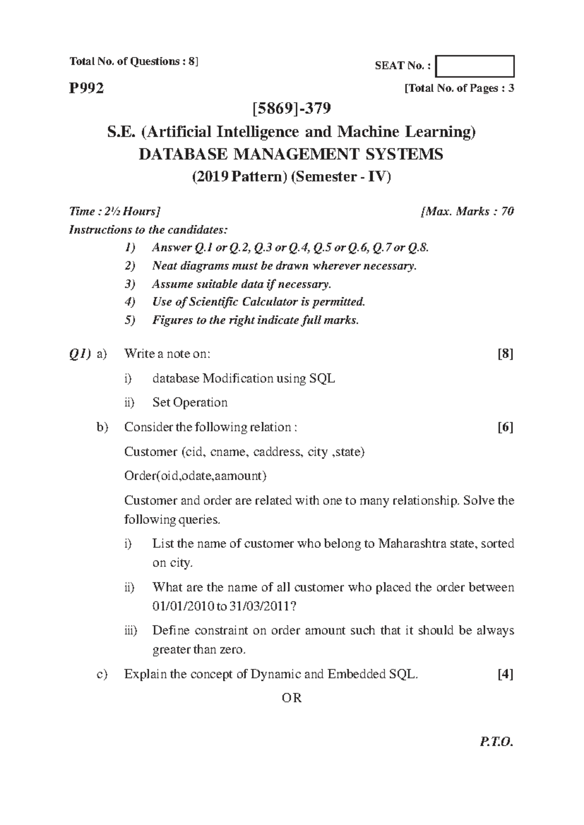 S.E. (Artificial Intelligence & Machine Learning) DBMS Exam Paper (2019 ...