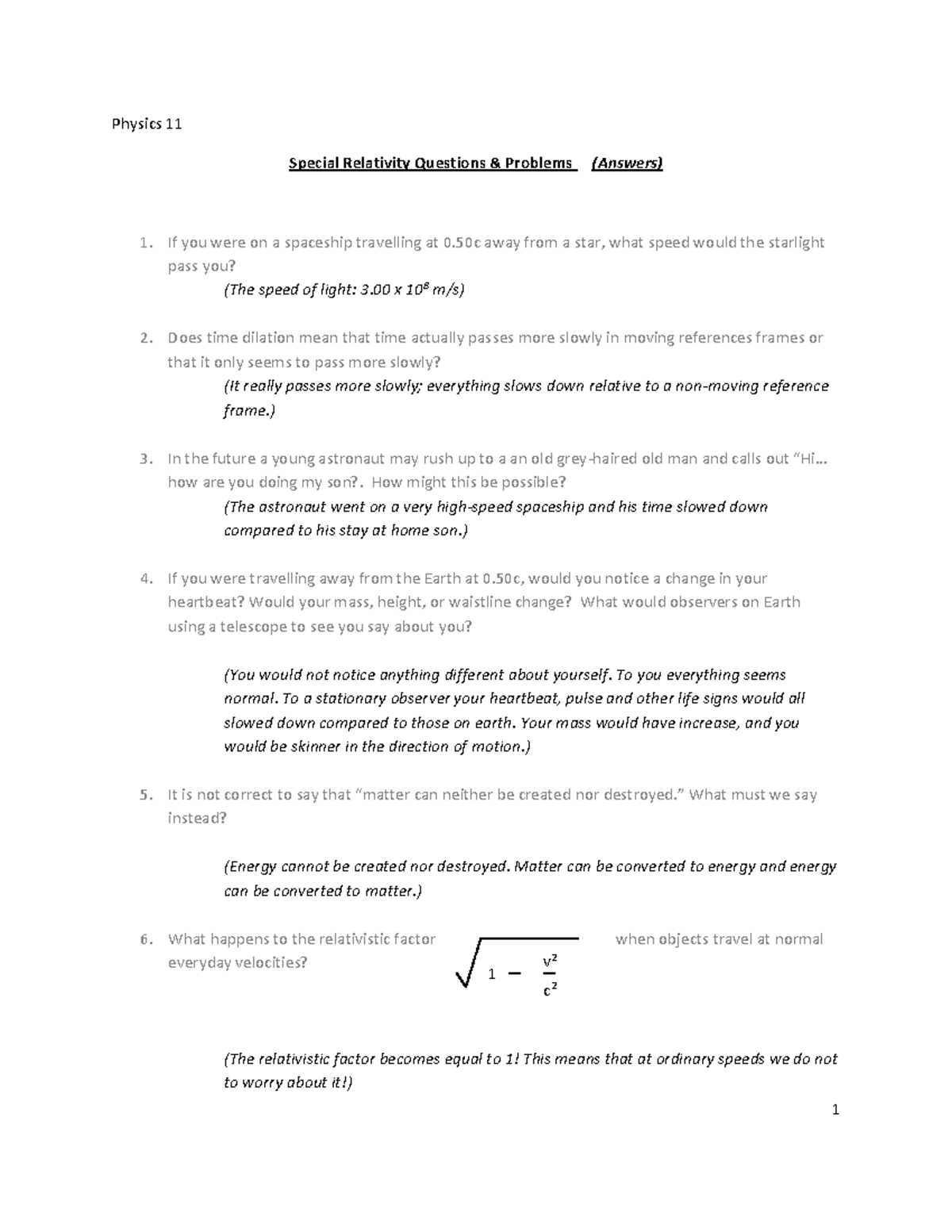 Relativity worksheet - 08 - answers - Physics 1 1 Special Relativity ...