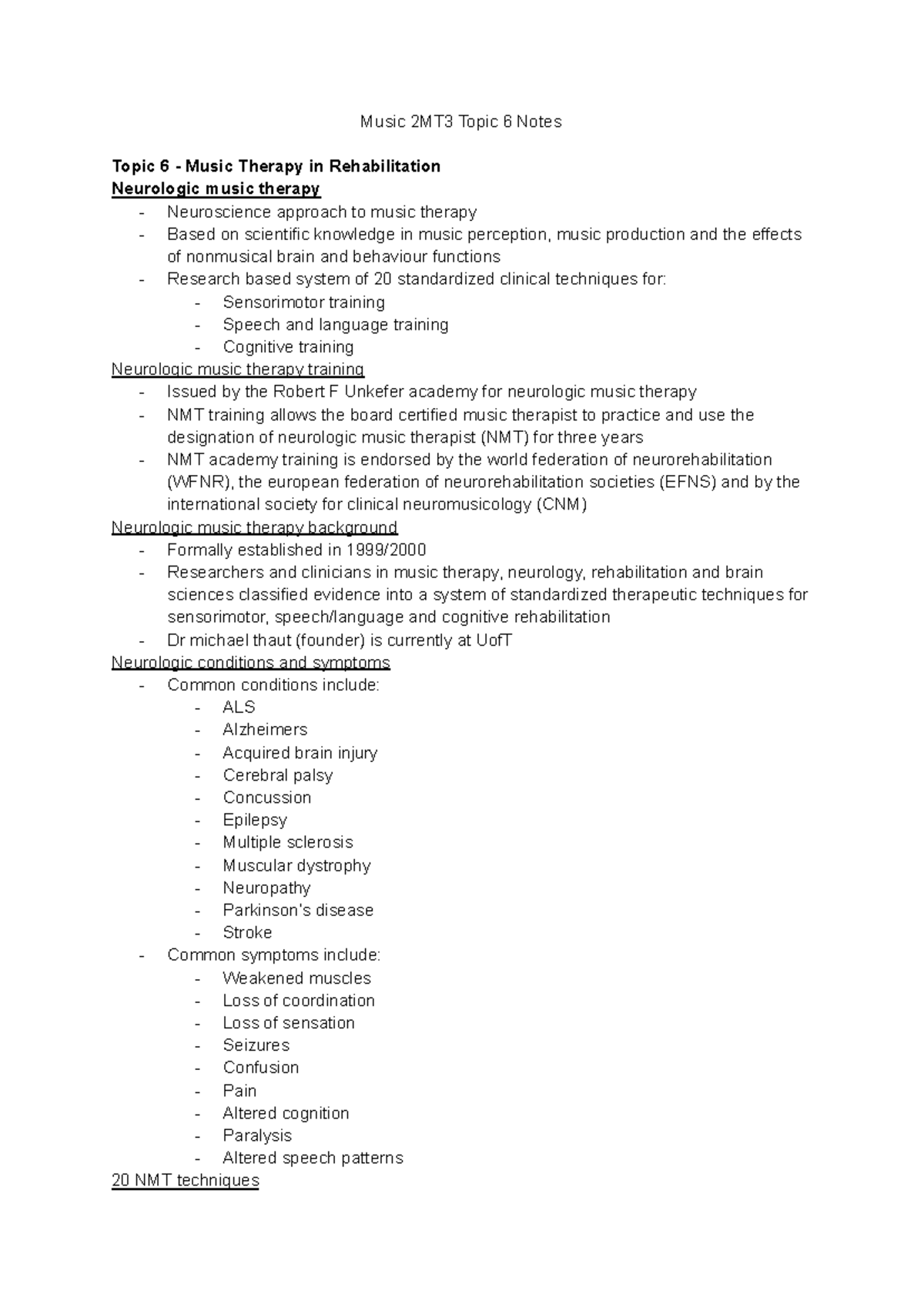 Music 2MT3 Final Exam Notes: Neurologic Music Therapy Techniques - Studocu