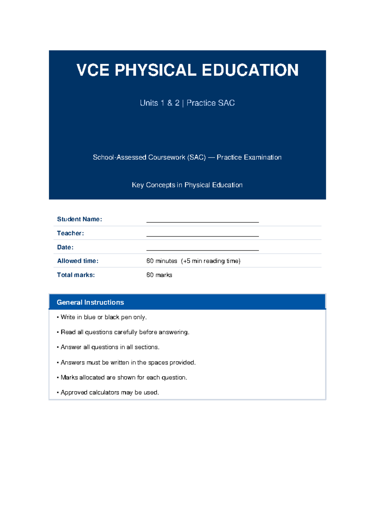 VCE PHYSICAL EDUCATION Units 1 & 2 Practice SAC Exam Review - Studocu