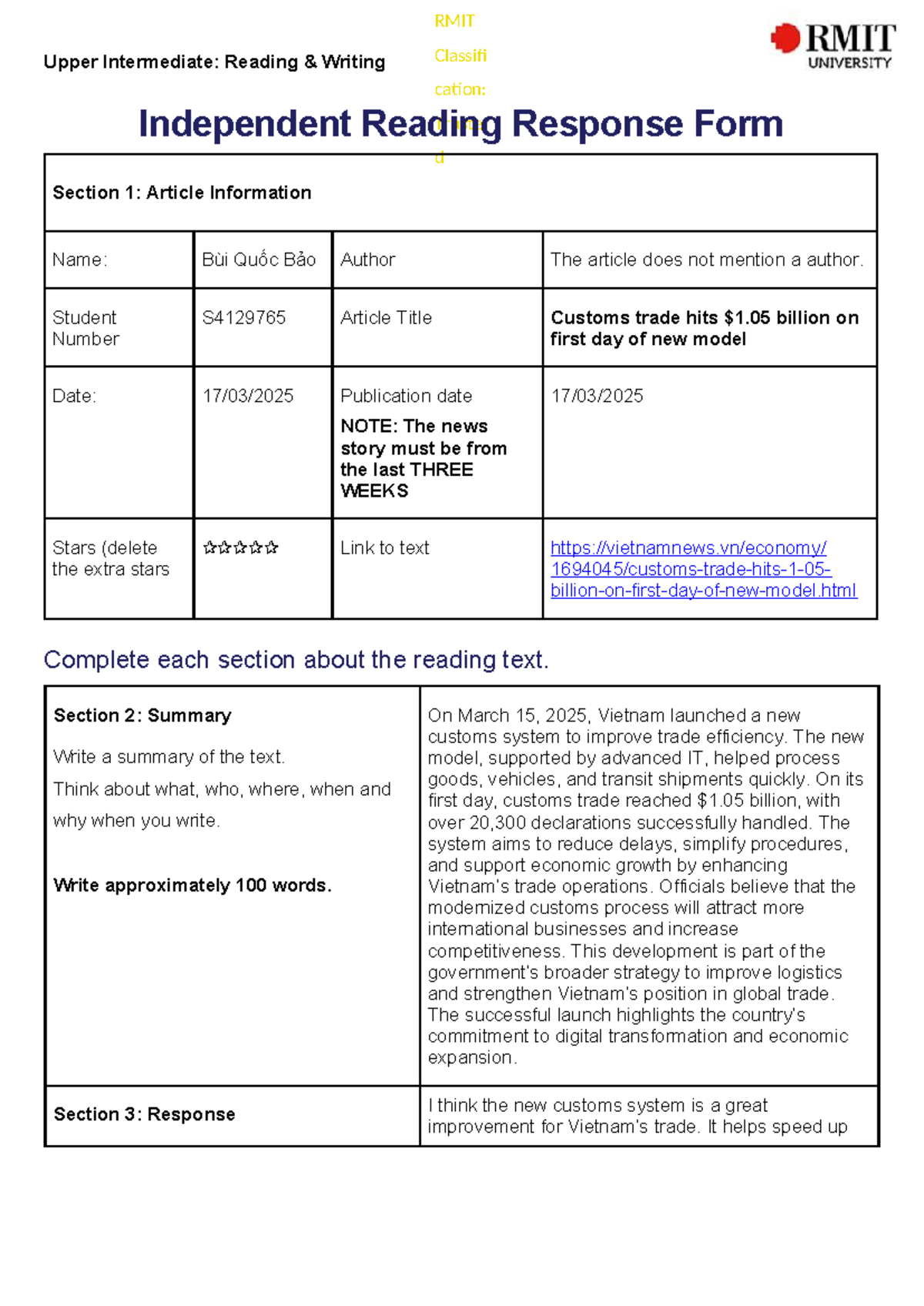 RMIT Upper Intermediate: Reading Writing - Customs Trade Response Form ...
