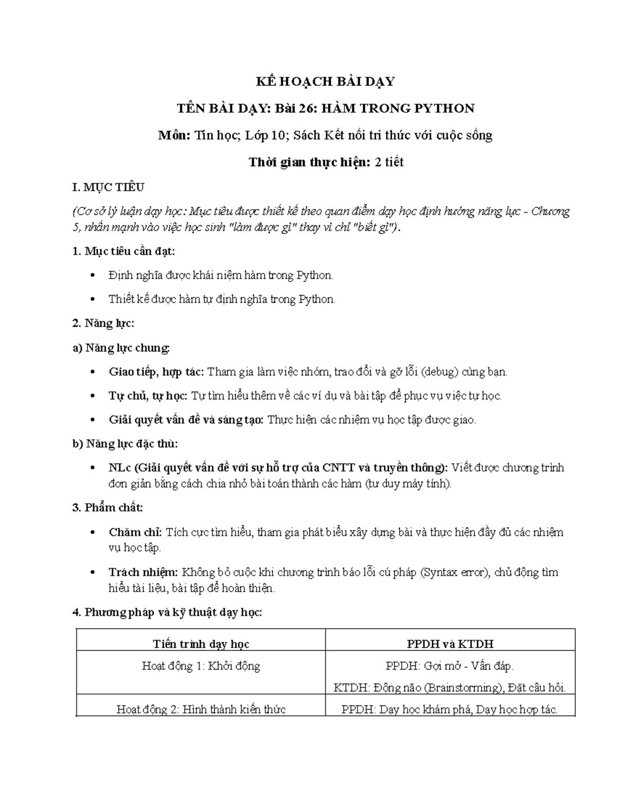 KẾ HOẠCH BÀI DẠY: Bài 26 - HÀM TRONG PYTHON (Môn: Tin) - Studocu