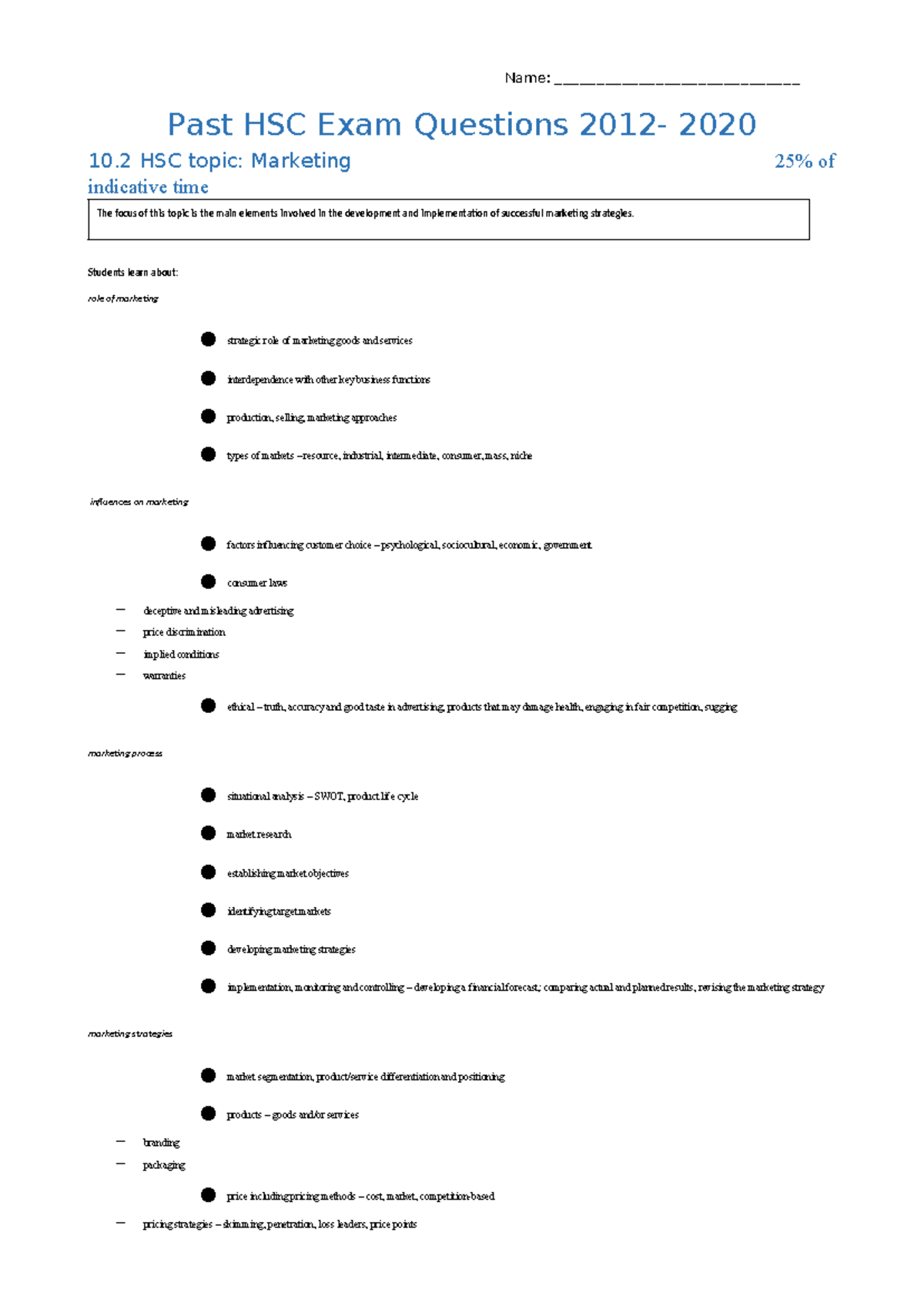 Marketing HSC Past Exam Questions 2012-2020: Comprehensive Guide - Studocu