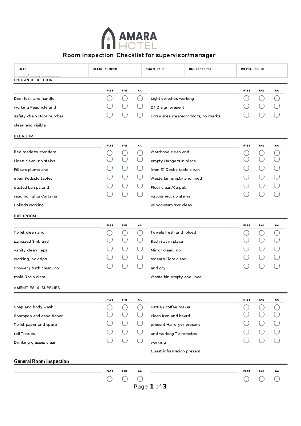 Room Inspection Checklist for Amara Hotel (ENG) - Studocu
