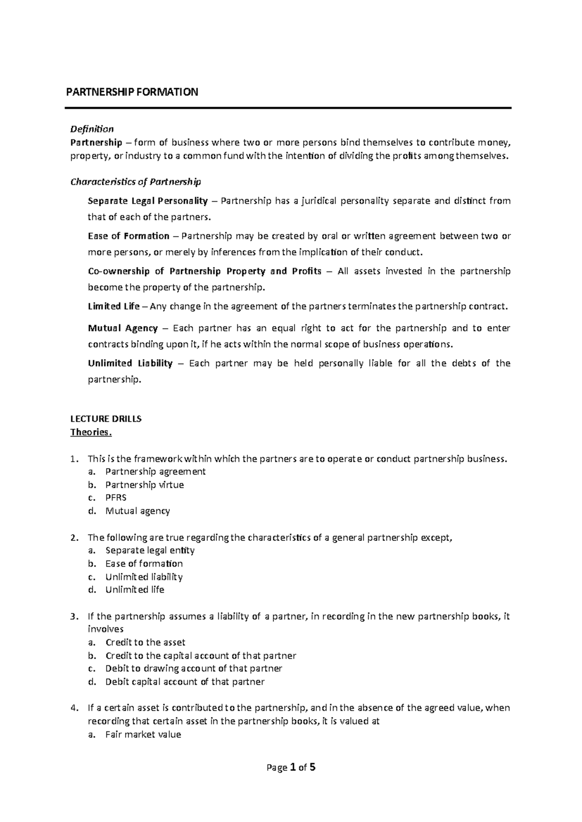 Partnership Formation: Key Concepts and Lecture Drills - Studocu