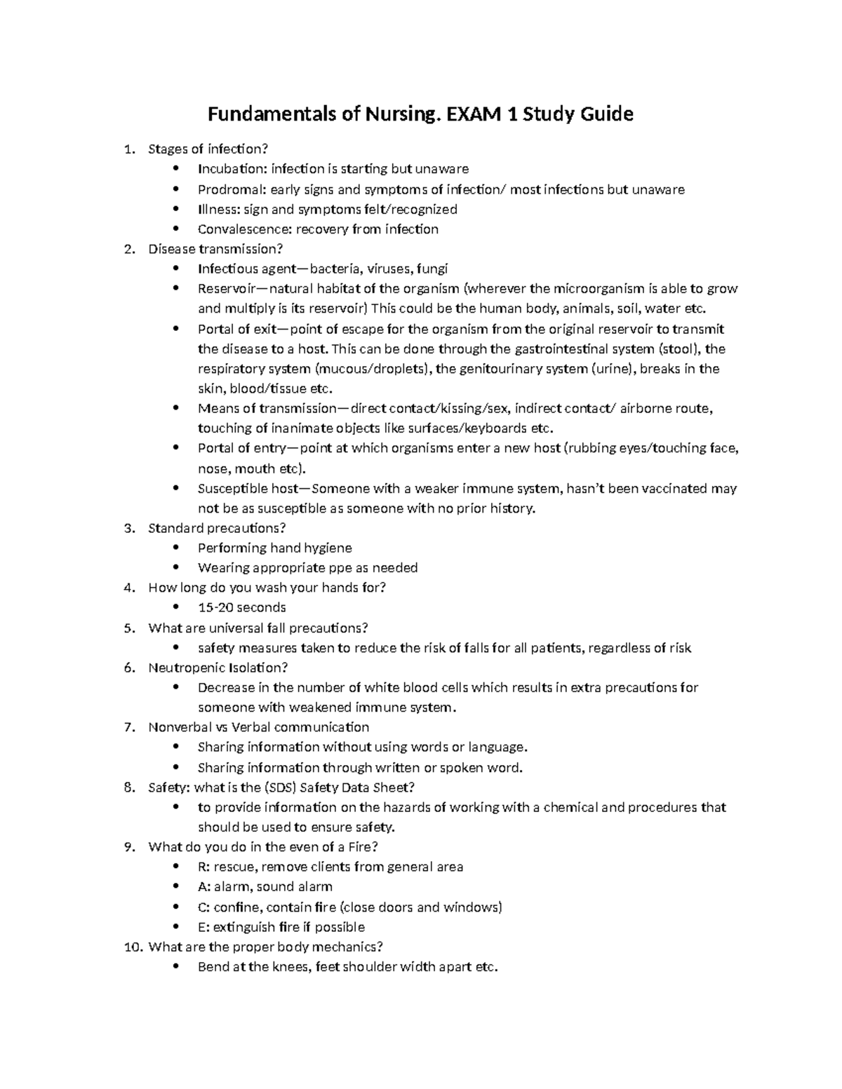 NUR 101: EXAM 1 Study Guide on Infection and Nursing Fundamentals - Studocu