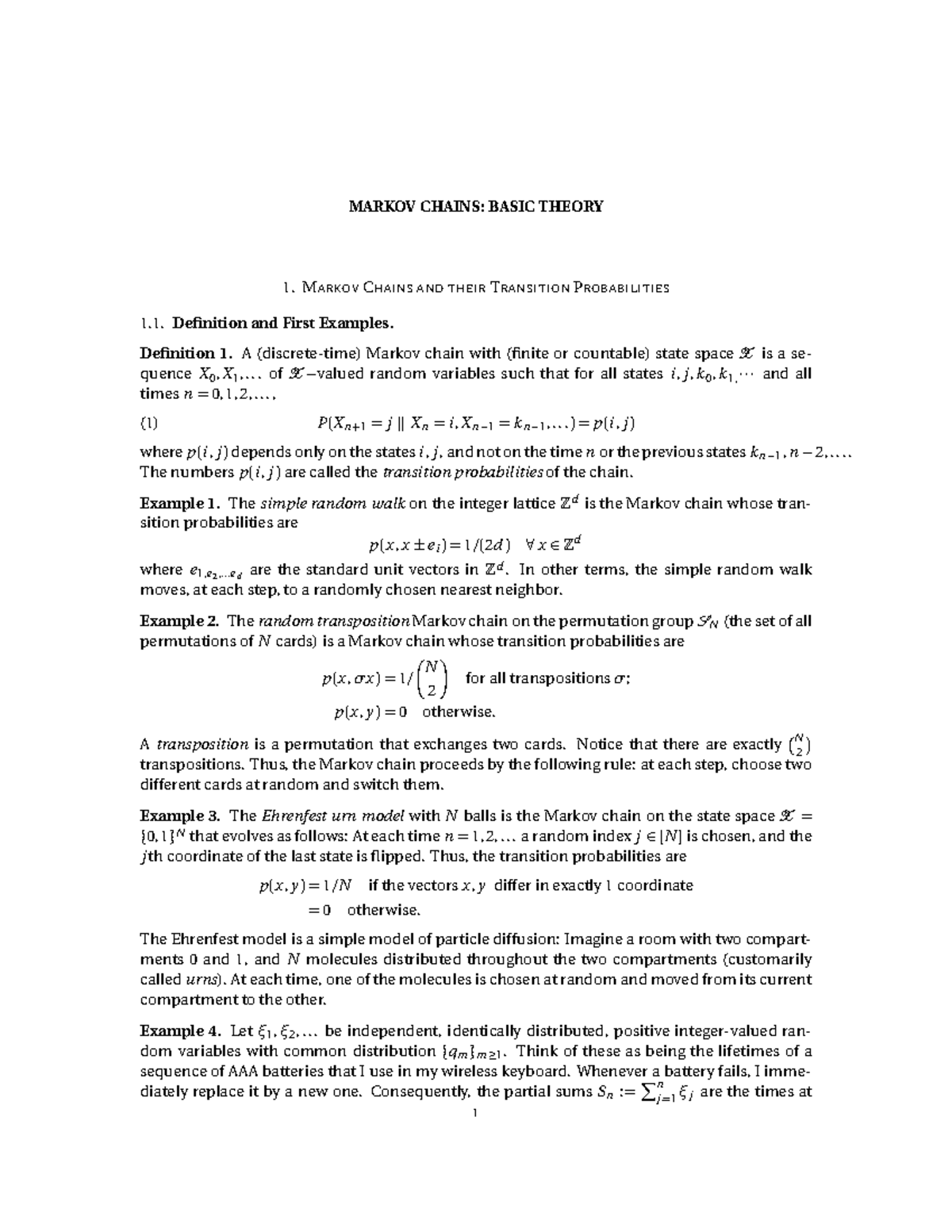 Markov Chains: Basic Theory and Practice Problems (Course Code: MATH ...