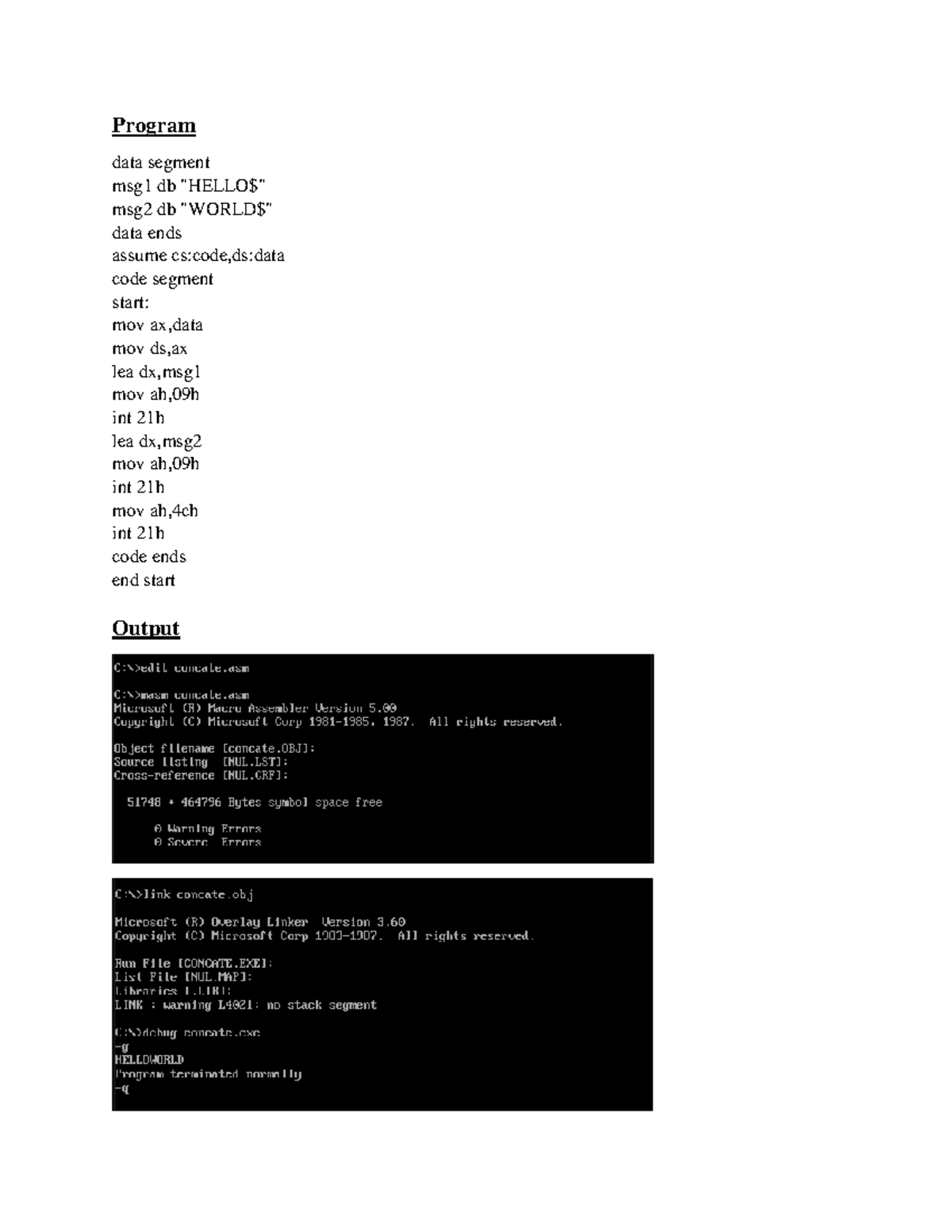 Masm Programming Examples: Code Segments and Outputs - Studocu