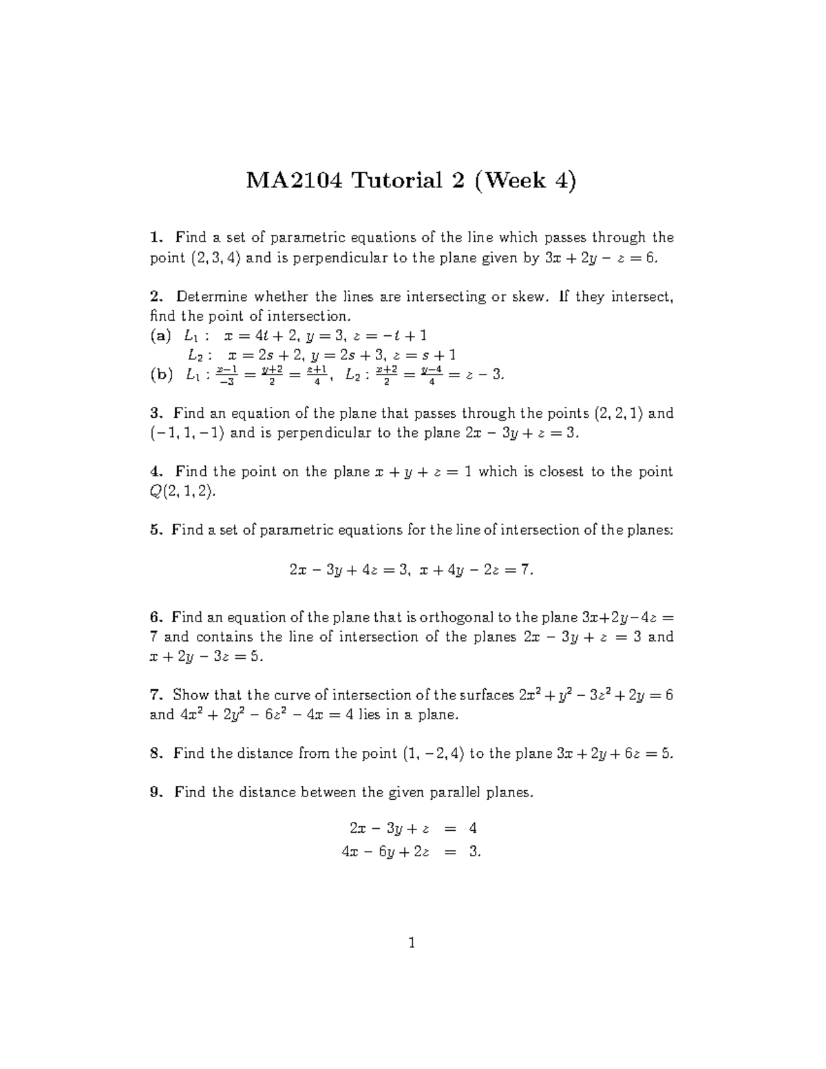 MA2104 T2 - Week 4 Tutorial Questions on Lines and Planes - Studocu