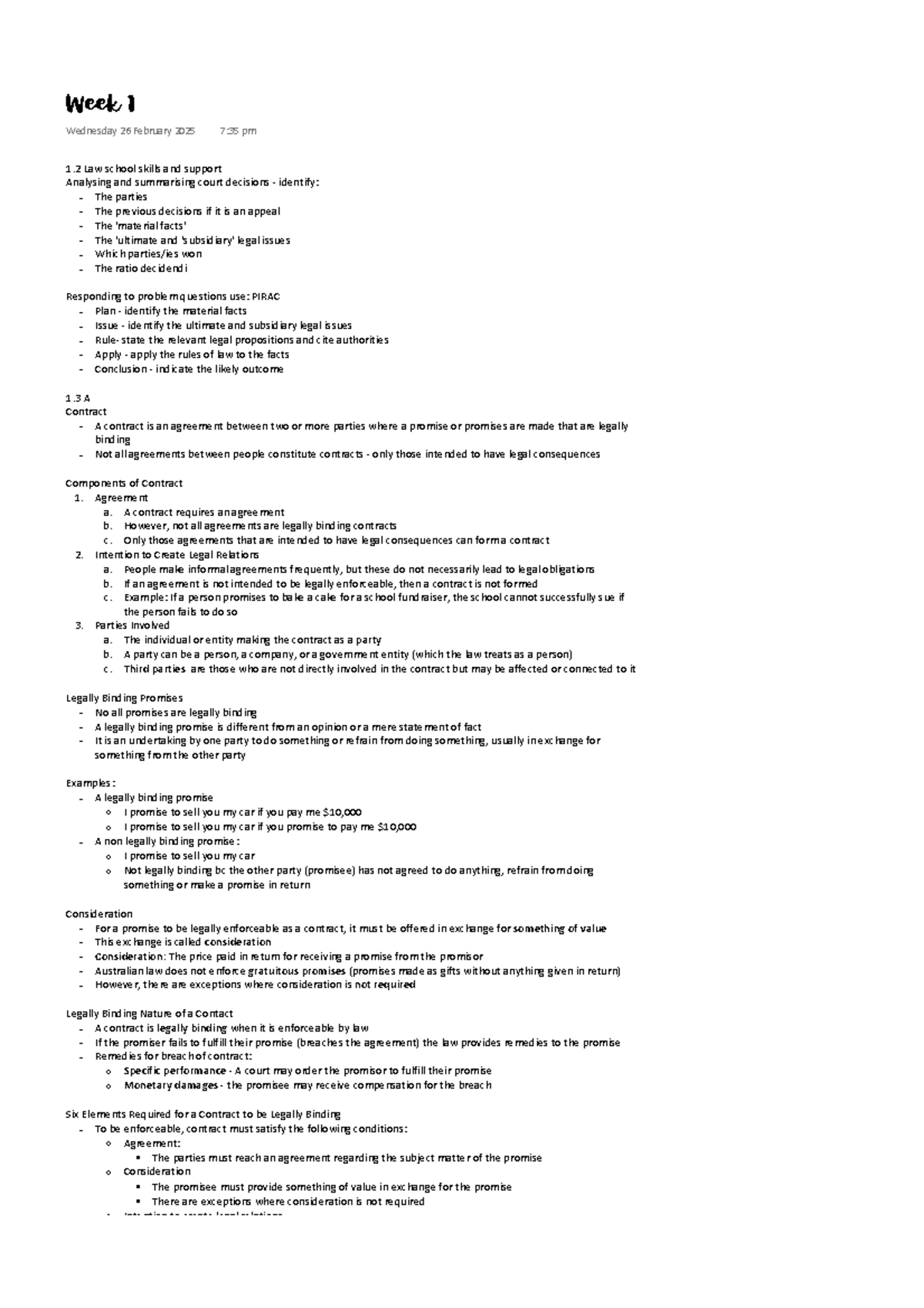 Week 1 Lecture Notes: Contract Law Overview (LAW101) - Studocu
