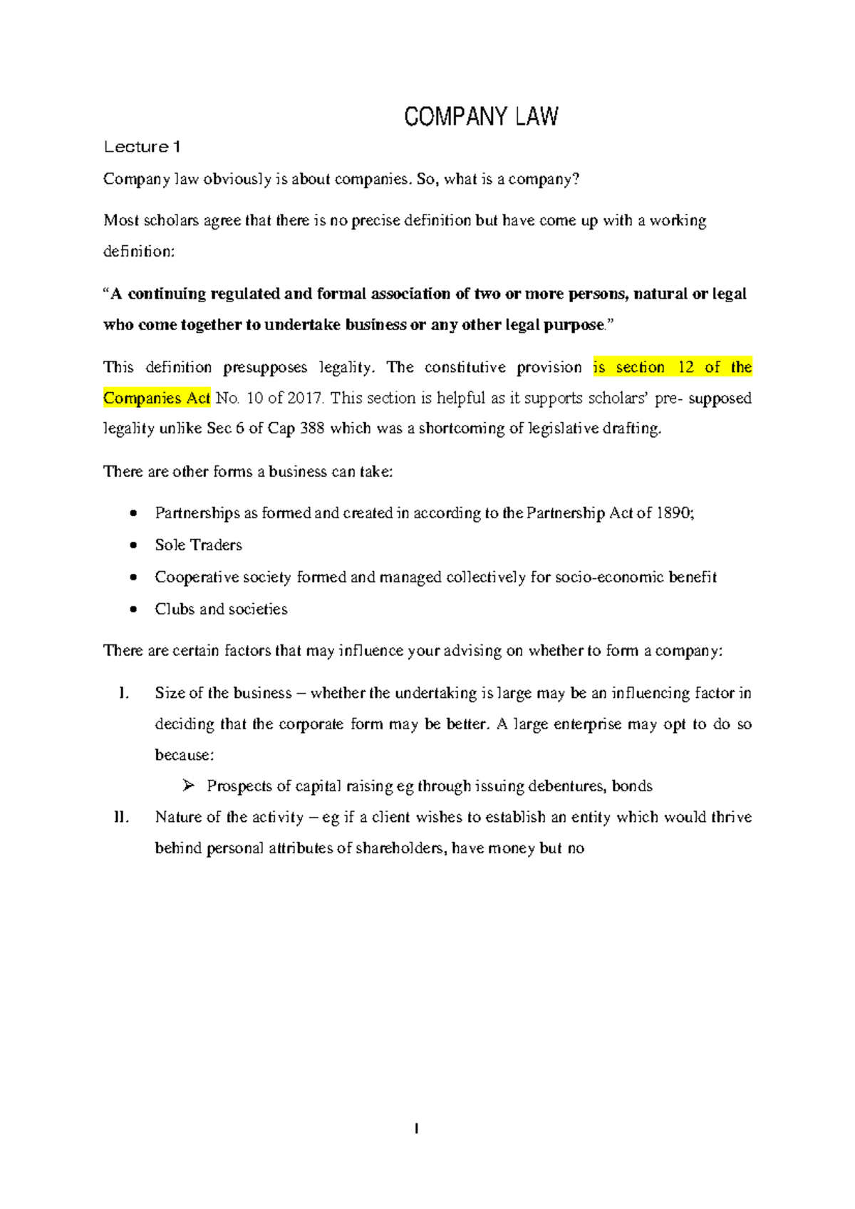 Company Law & Procedure: Consolidated Lecture Notes - Lecture 1 - Studocu