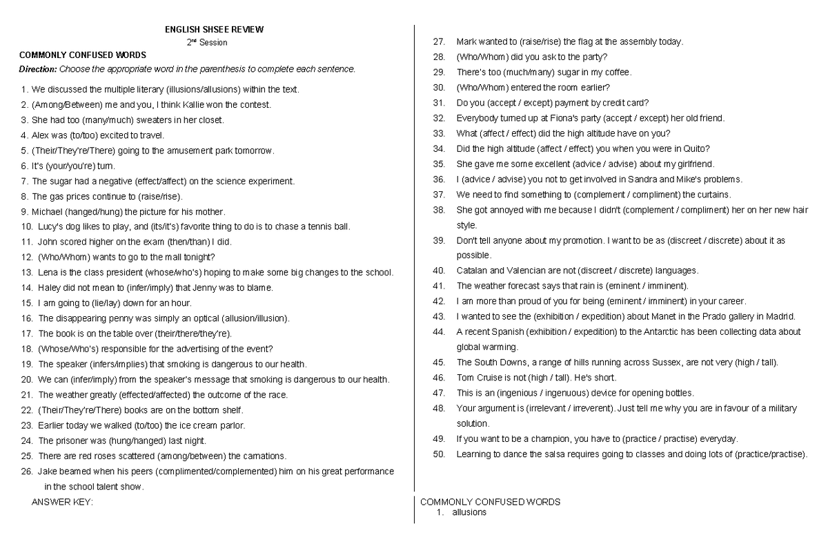 2.2 Commonly Confused Words with Answer Key - ENGLISH SHSEE REVIEW 2 nd ...