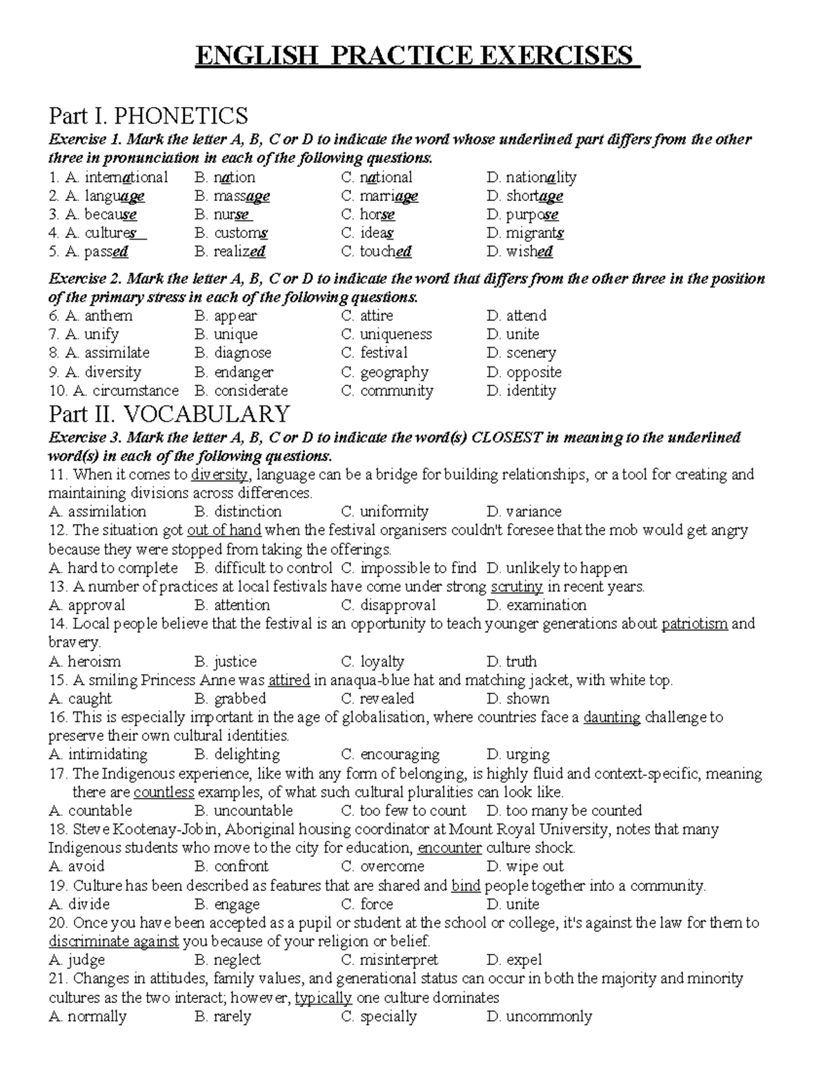 English Practice Exercises - UNIT 5 Part I & II (KO KEY) - Studocu