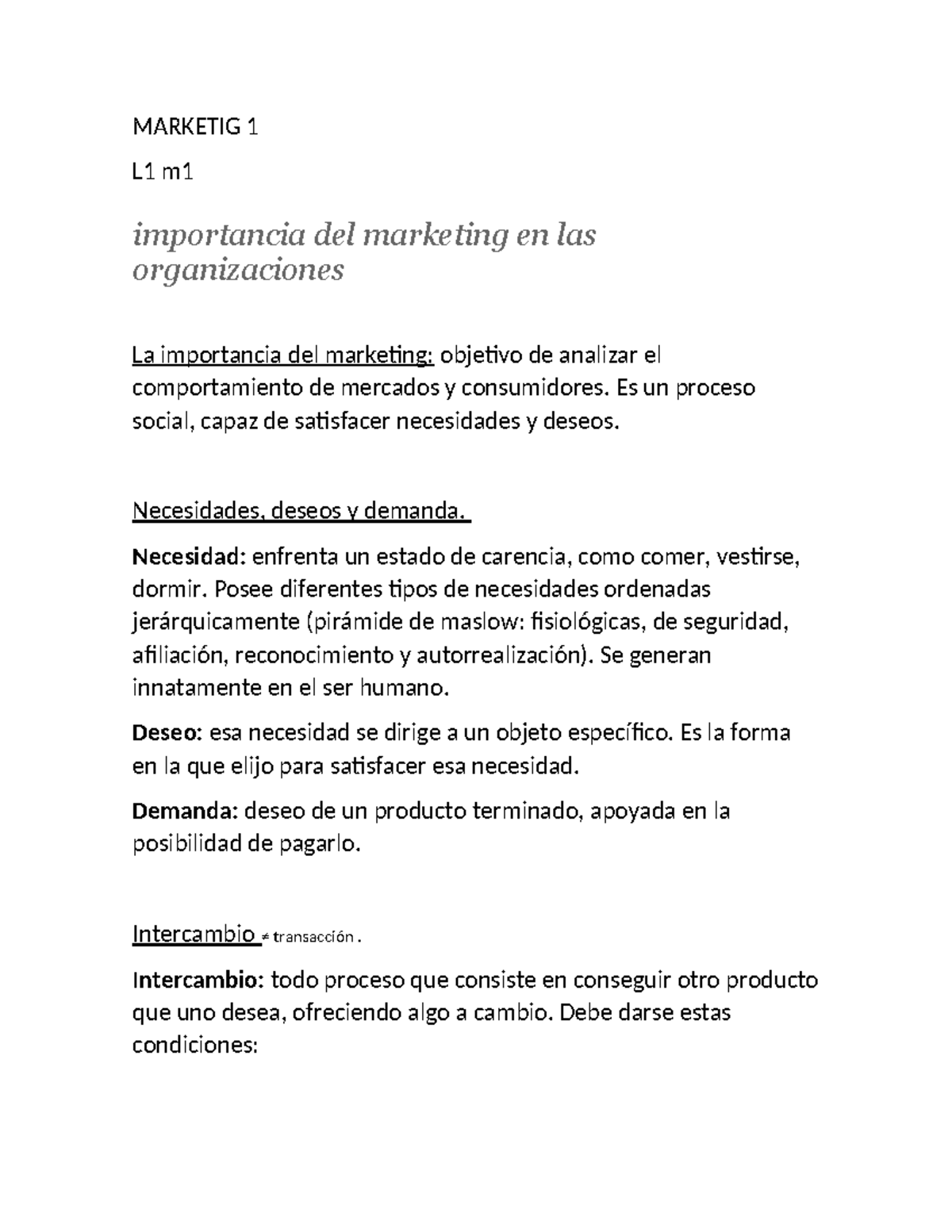 MARKETING 1 L1 M1 Resumen sobre la Importancia del Marketing en ...