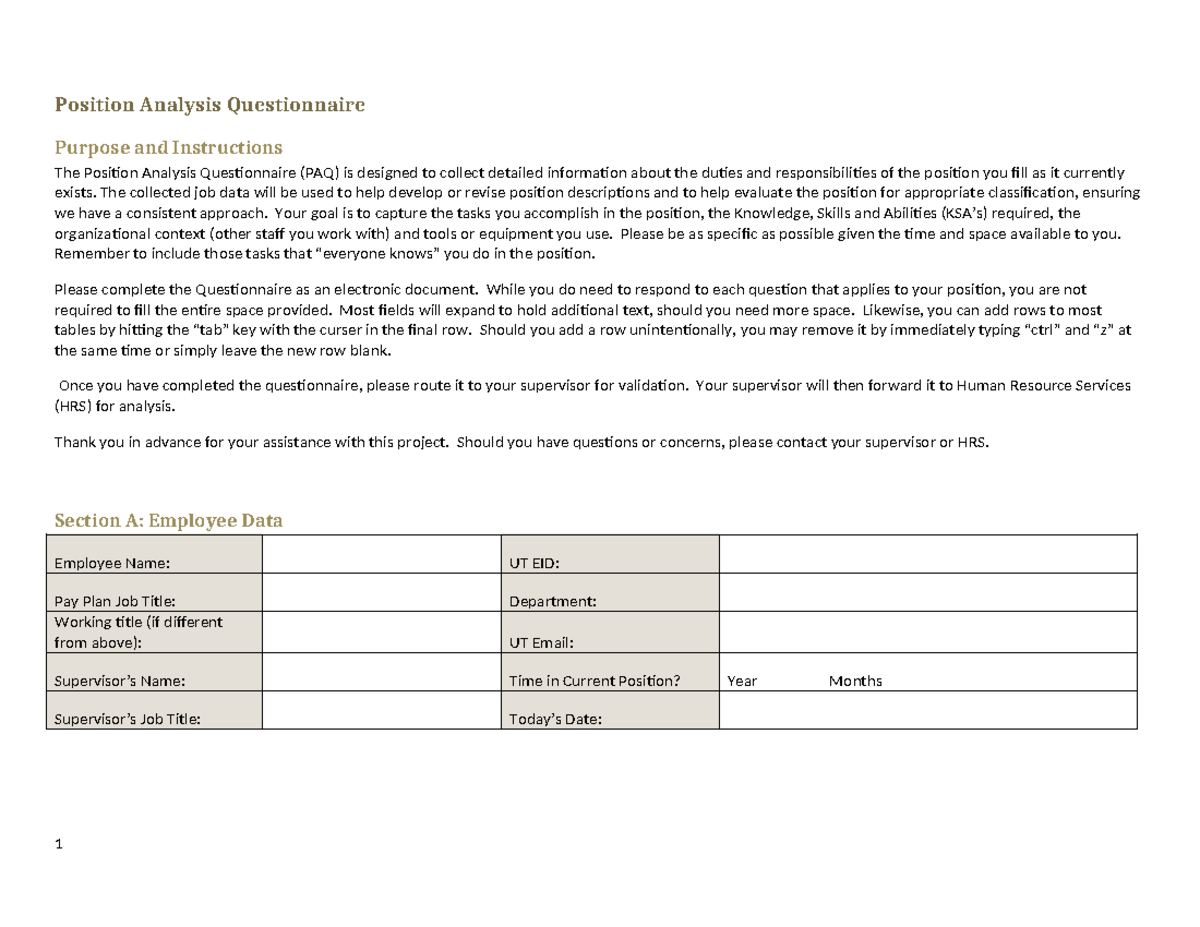 Position Analysis Questionnaire (PAQ) - Guidelines and Completion ...