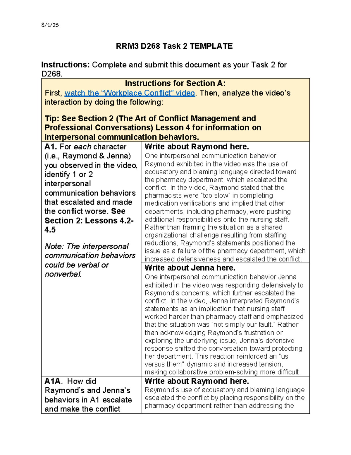 D268 Task 2: Analyzing Interpersonal Communication in Conflict ...