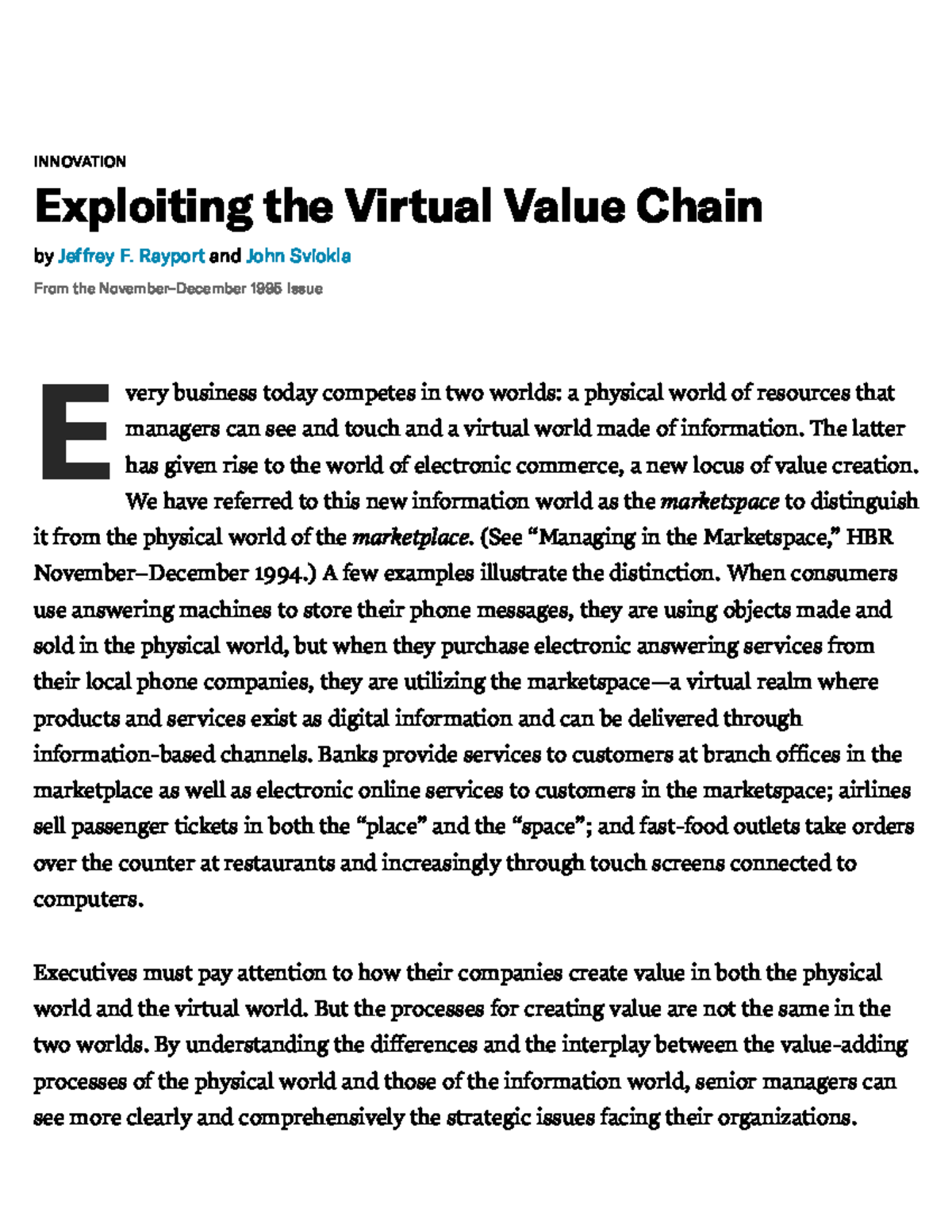 Exploiting the Virtual Value Chain: Insights from HBR 1995 - Studocu