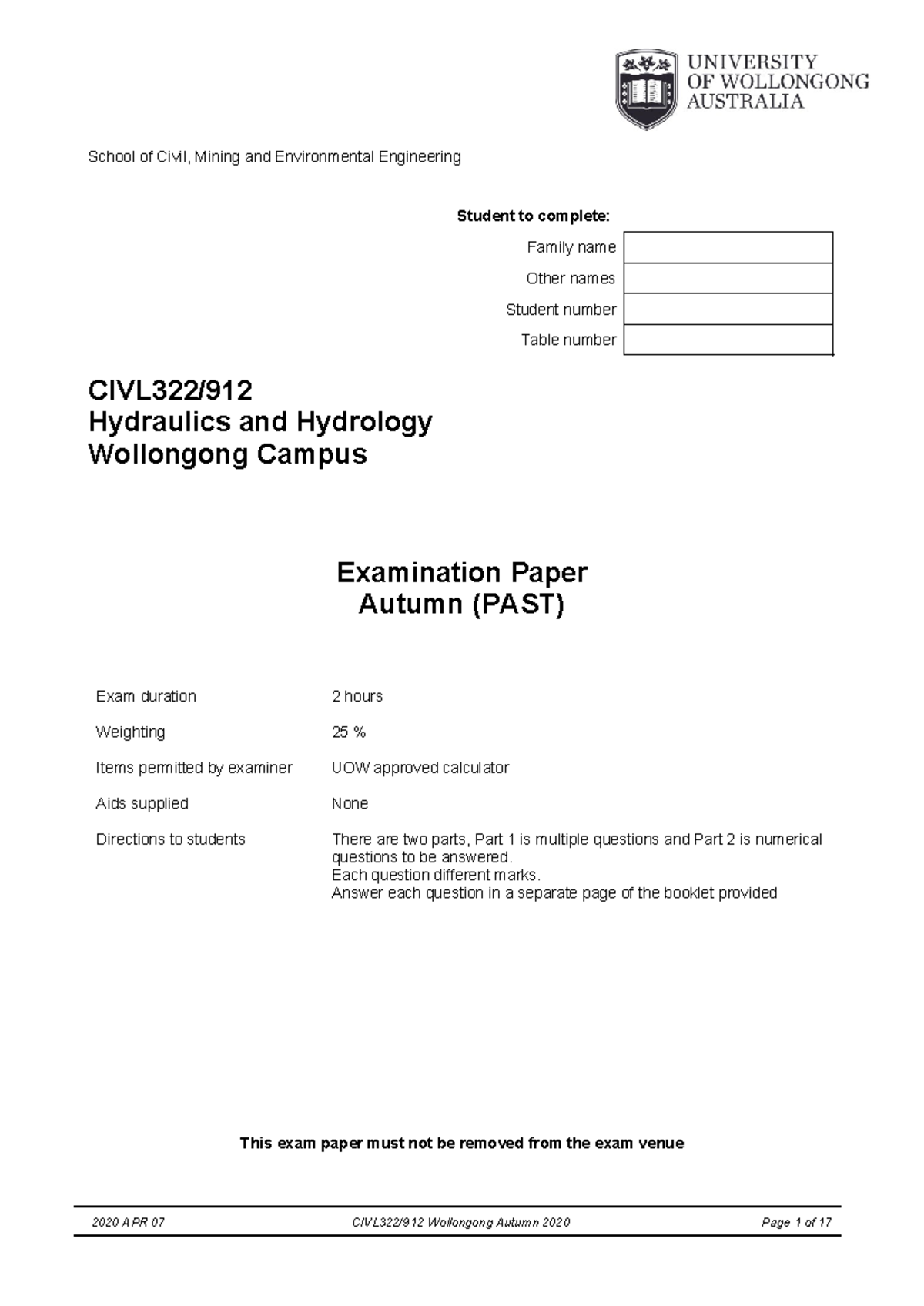 CIVL322-912 Hydraulics and Hydrology Midterm Past Exam Practice - Studocu