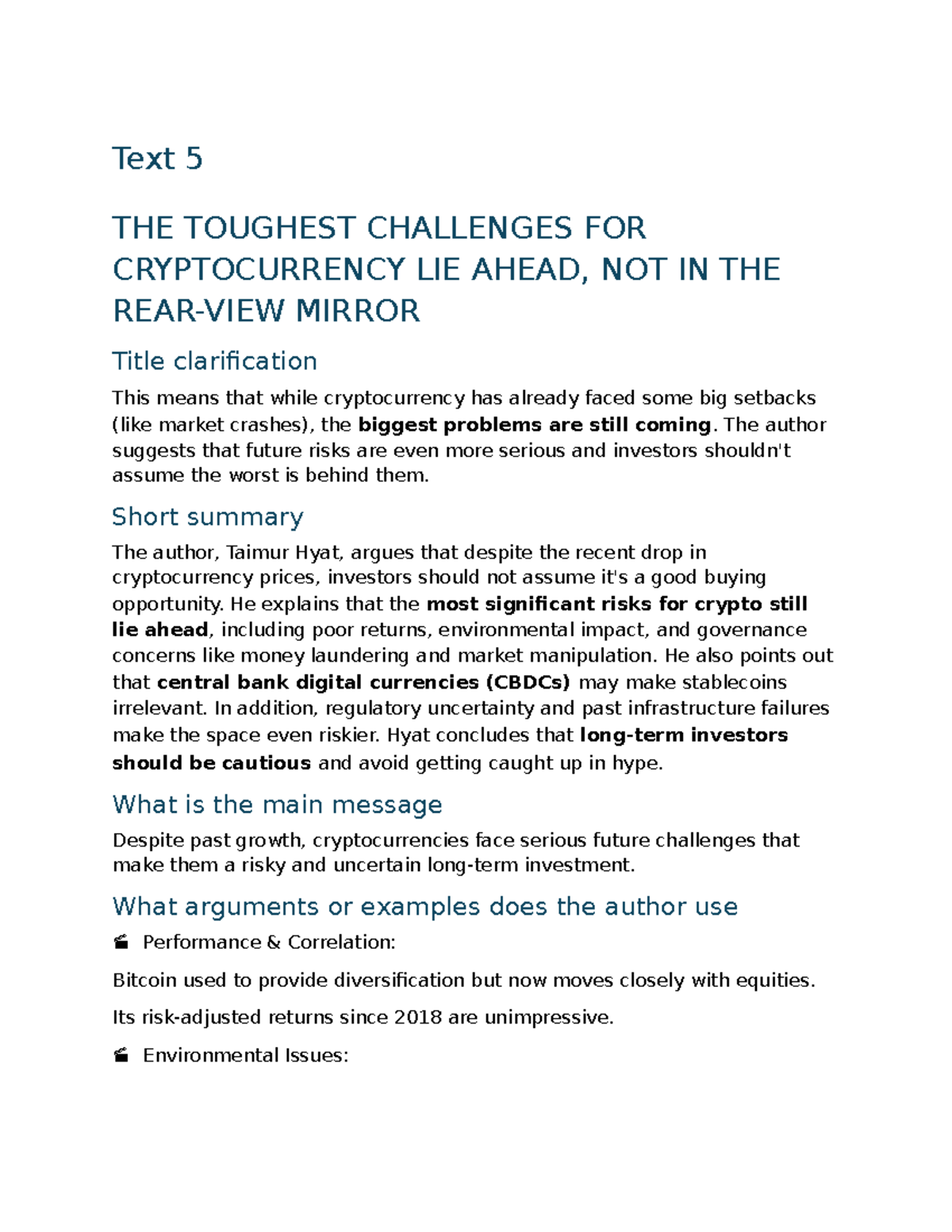 Text 5 - The Future Risks of Cryptocurrency: A Cautionary Analysis - Studocu