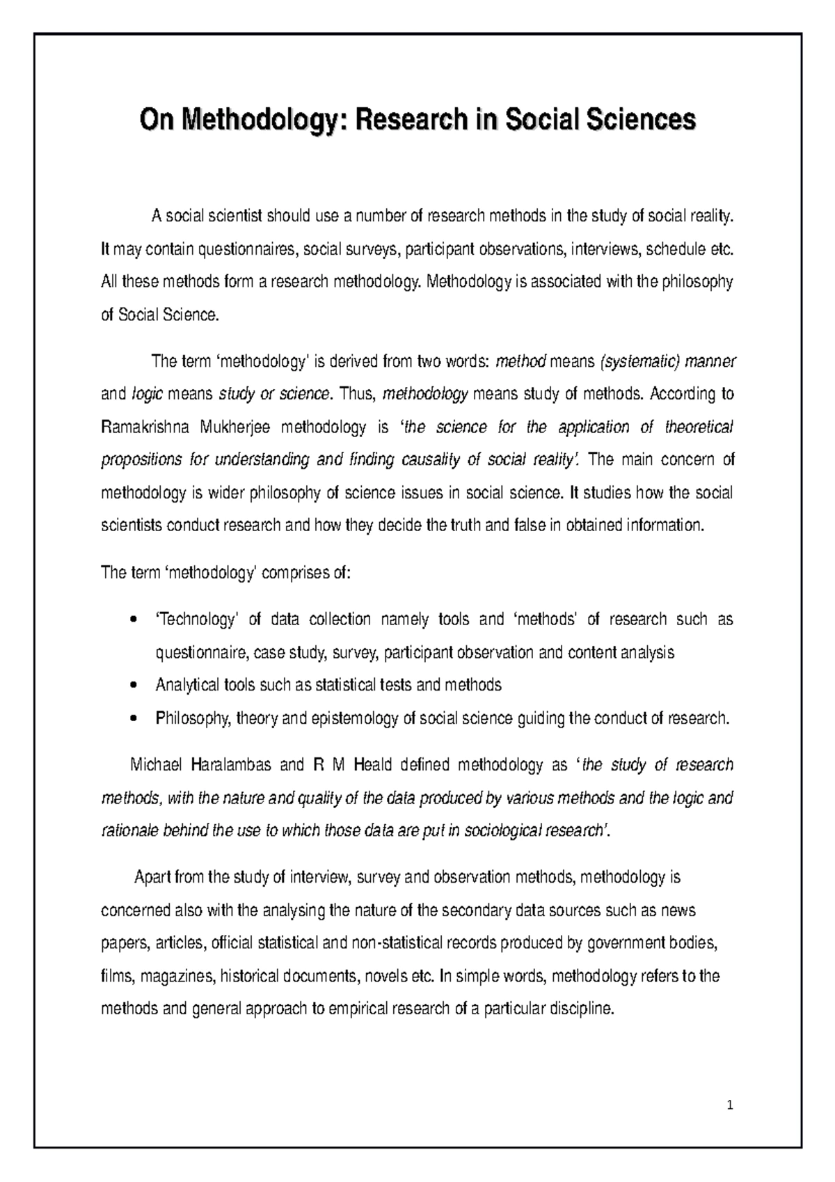 Methodology in Social Science Research - On Methodol ogy: Research in ...